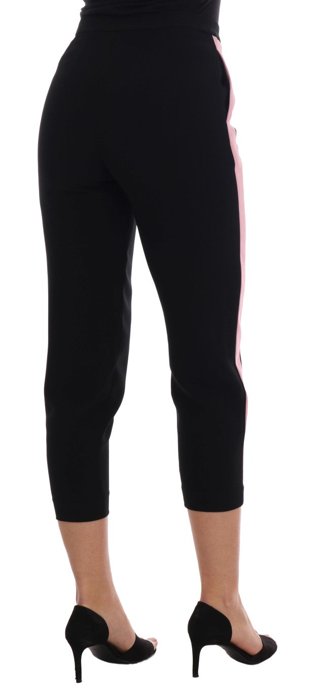 Zwarte stretch capribroek met roze strepen