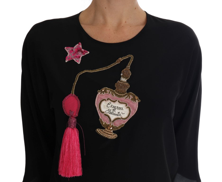Zwarte zijden sprookjestop met kristallen blouse