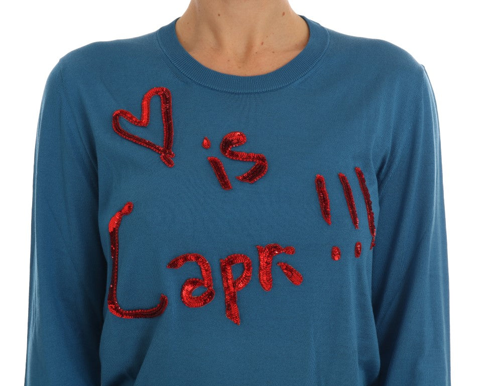 Blauwe zijden Love is Pullover trui
