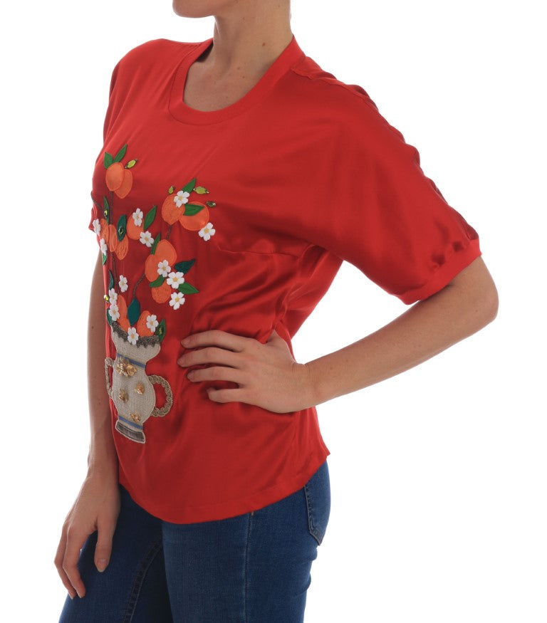 Rode zijden sinaasappel-bloemkristal blouse