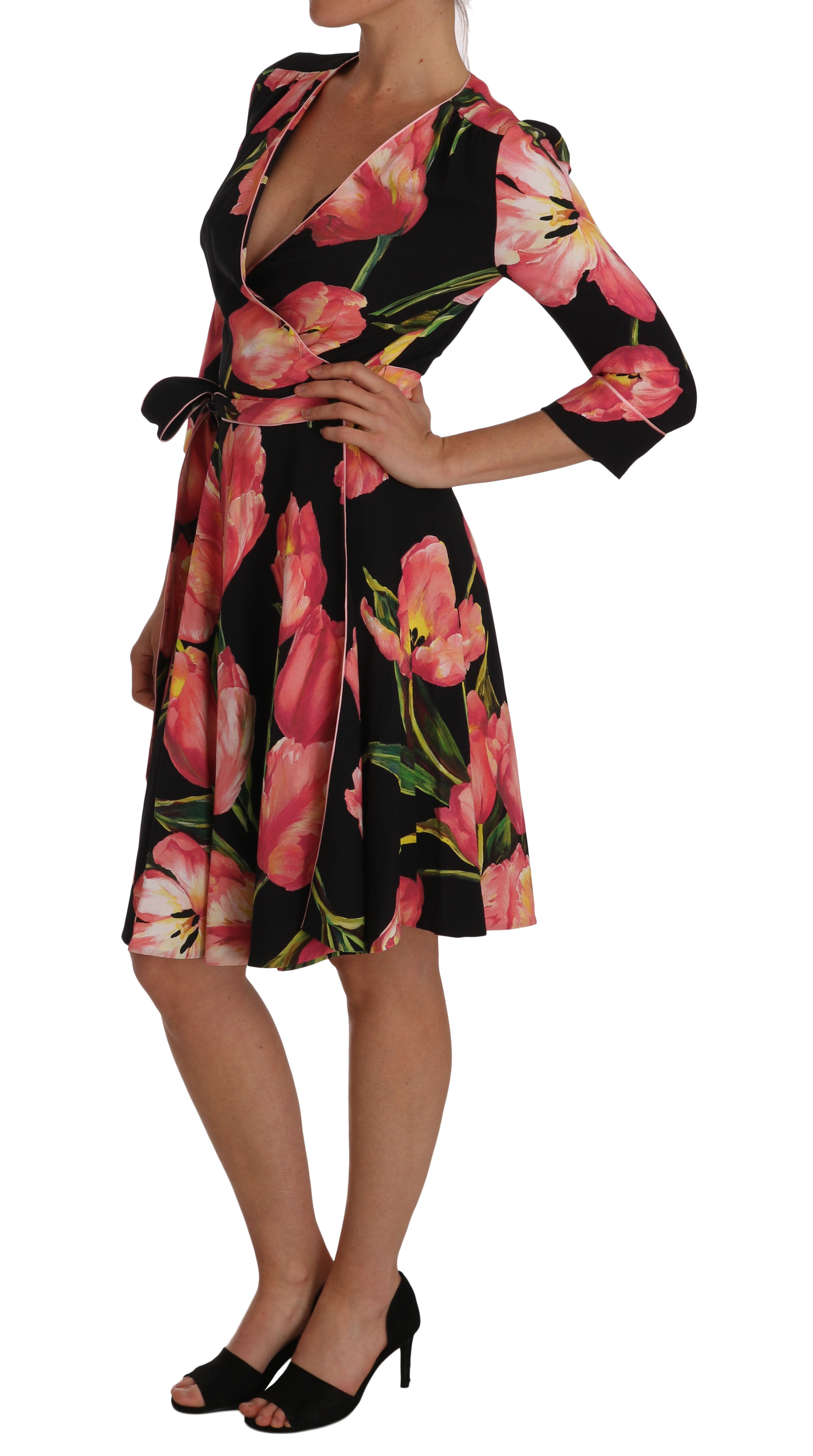 Zwarte roze tulpprint stretch shiftjurk