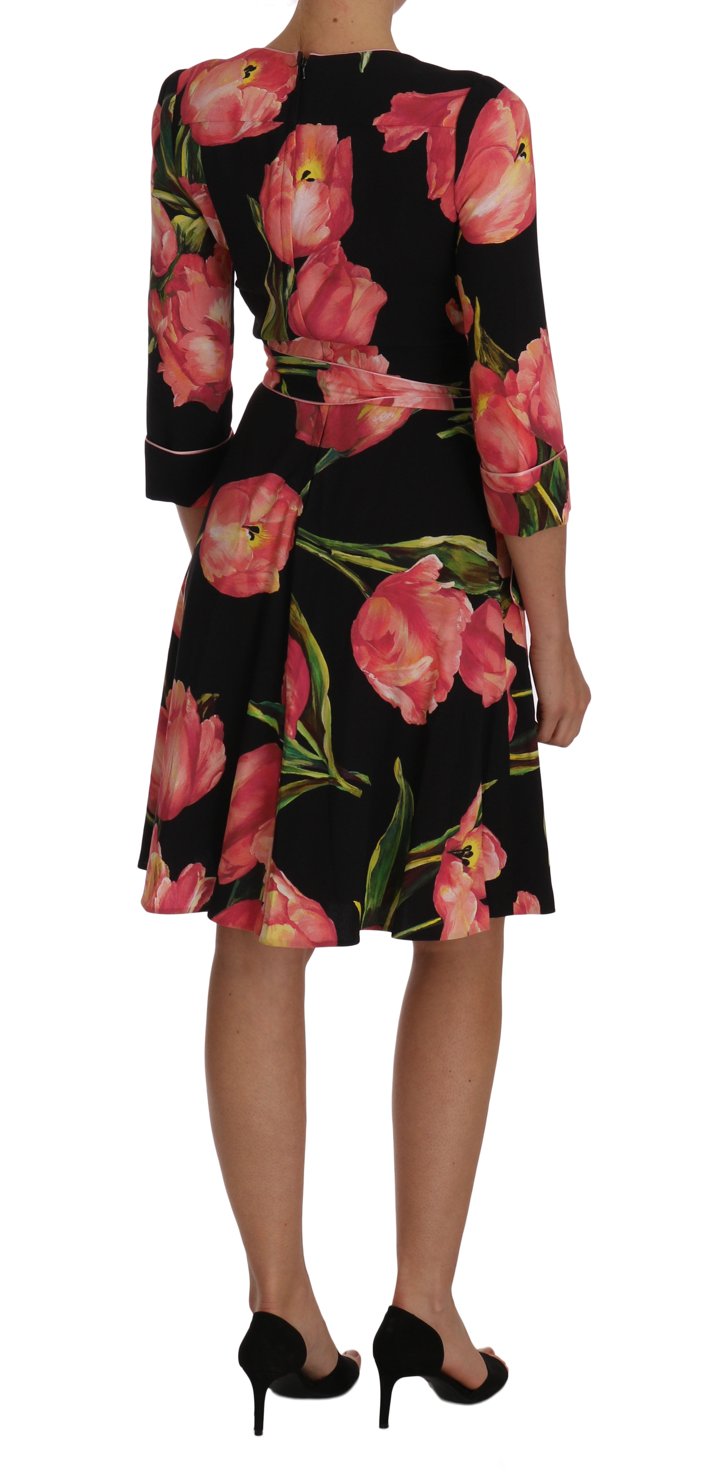 Zwarte roze tulpprint stretch shiftjurk