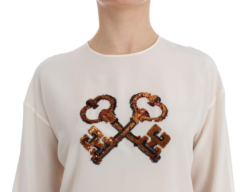 Witte blouse met pailletten en sleutelzijde, T-shirttop