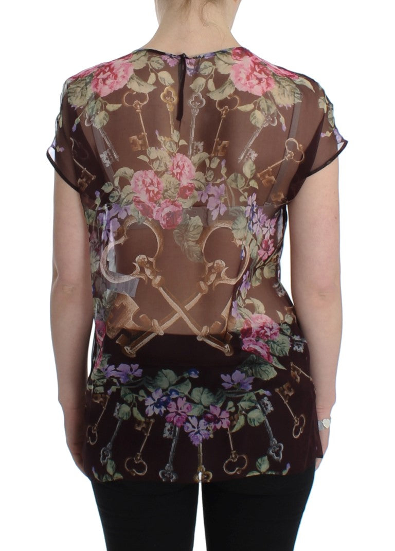 Zwarte Key bloemenprint zijden blouse T-shirt