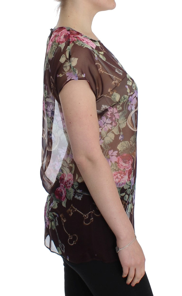 Zwarte Key bloemenprint zijden blouse T-shirt