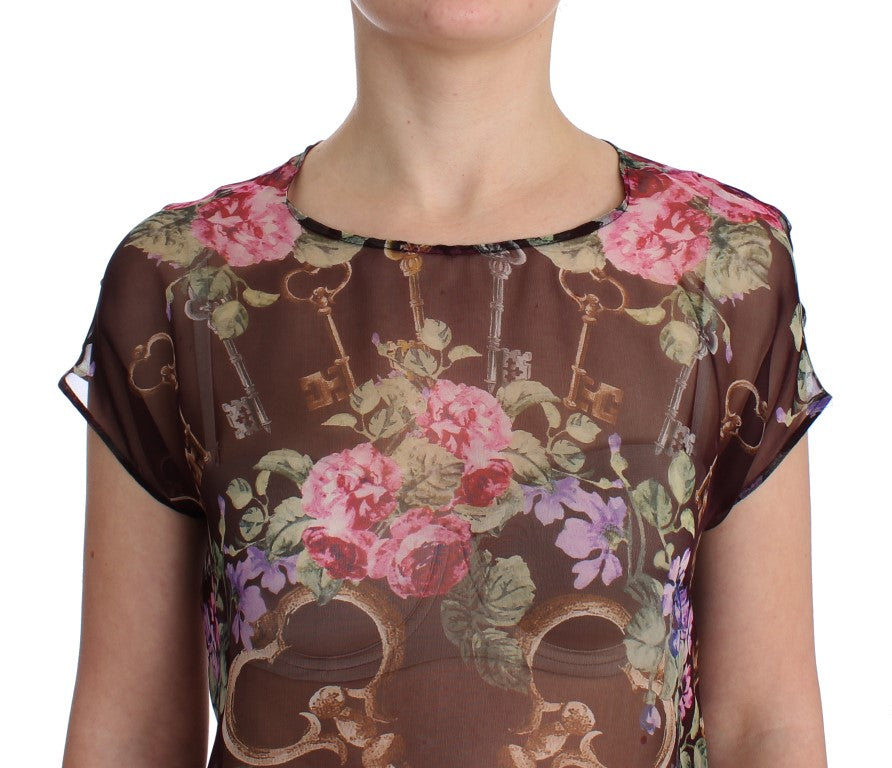 Zwarte Key bloemenprint zijden blouse T-shirt