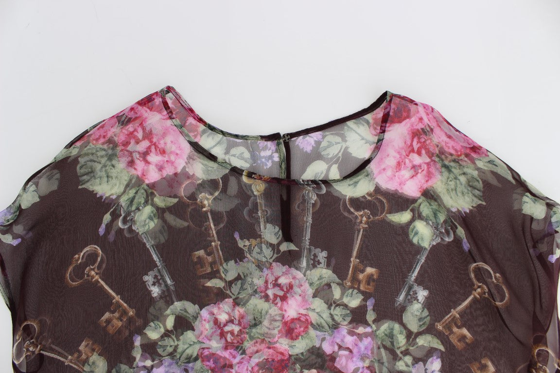 Zwarte Key bloemenprint zijden blouse T-shirt