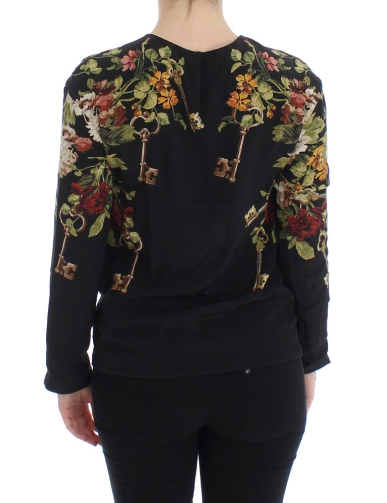 Zwarte blouse met bloemenprint van zijde