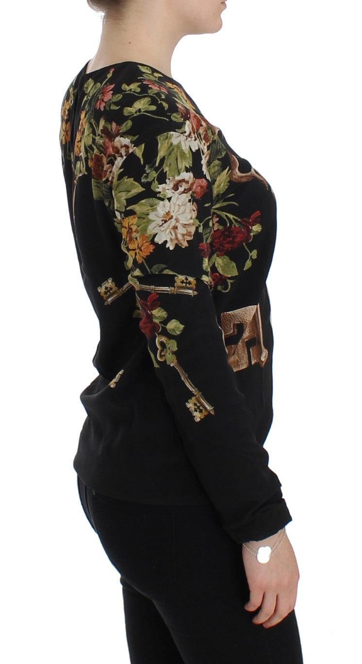 Zwarte blouse met bloemenprint van zijde