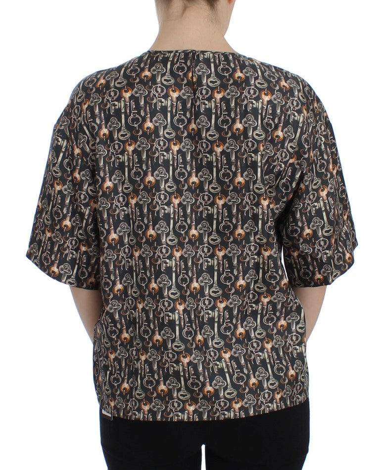 Grijs gouden sleutelprint zijden blouse T-shirt