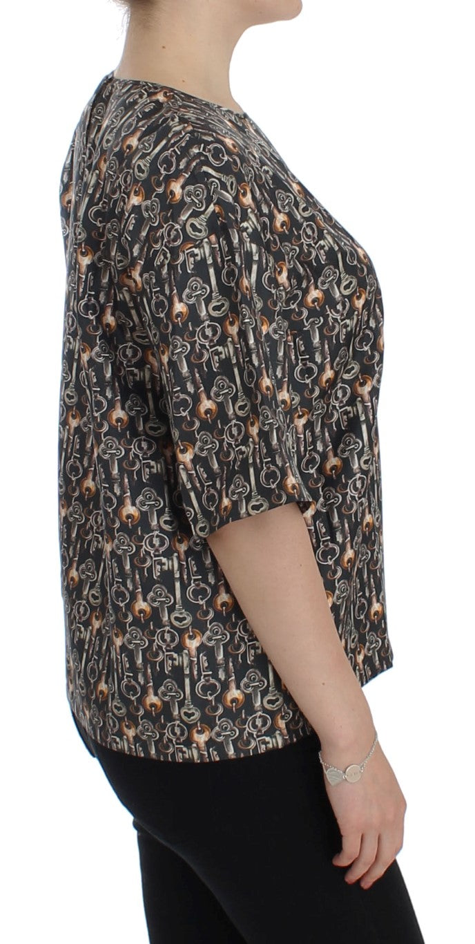 Grijs gouden sleutelprint zijden blouse T-shirt