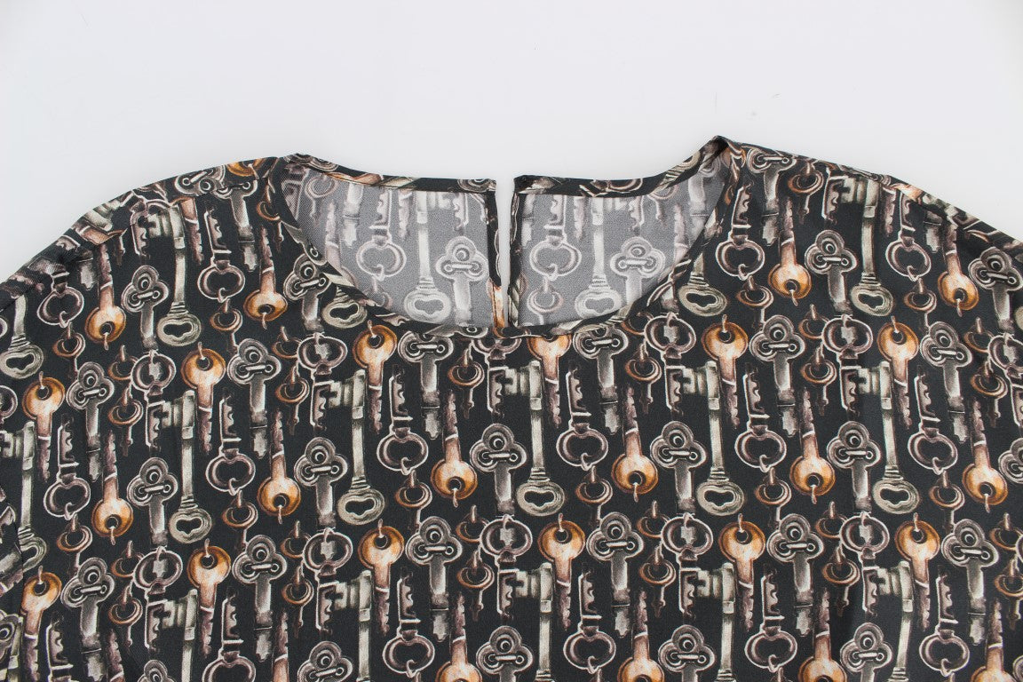 Grijs gouden sleutelprint zijden blouse T-shirt
