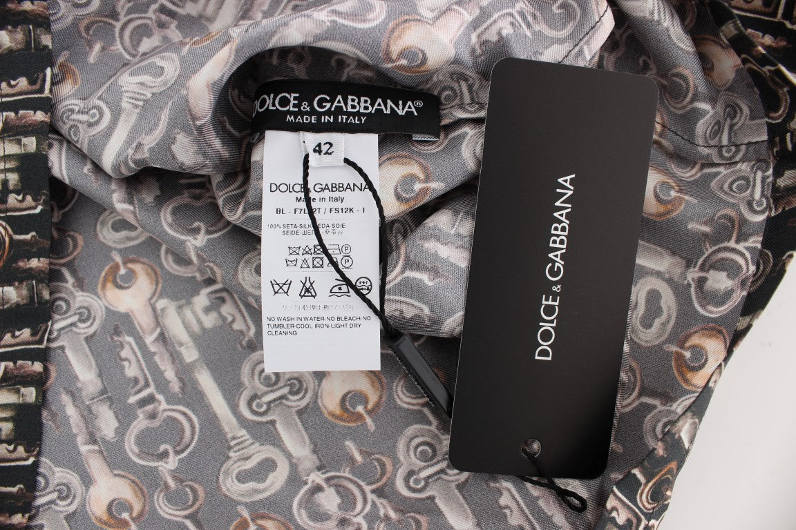 Grijs gouden sleutelprint zijden blouse T-shirt