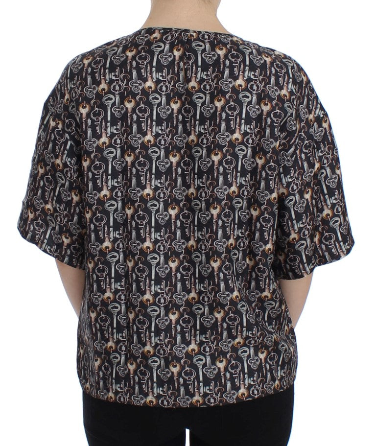 Grijs gouden sleutelprint zijden blouse T-shirt