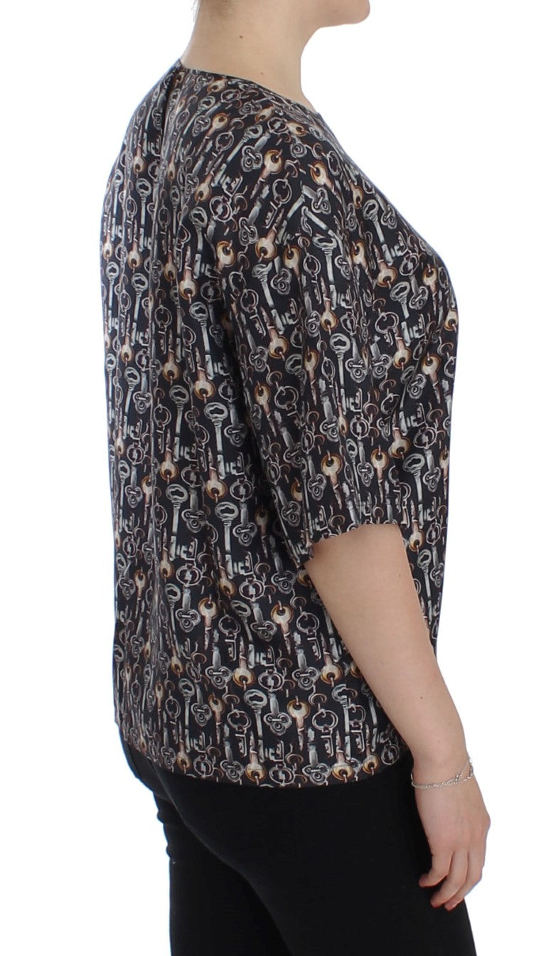 Grijs gouden sleutelprint zijden blouse T-shirt