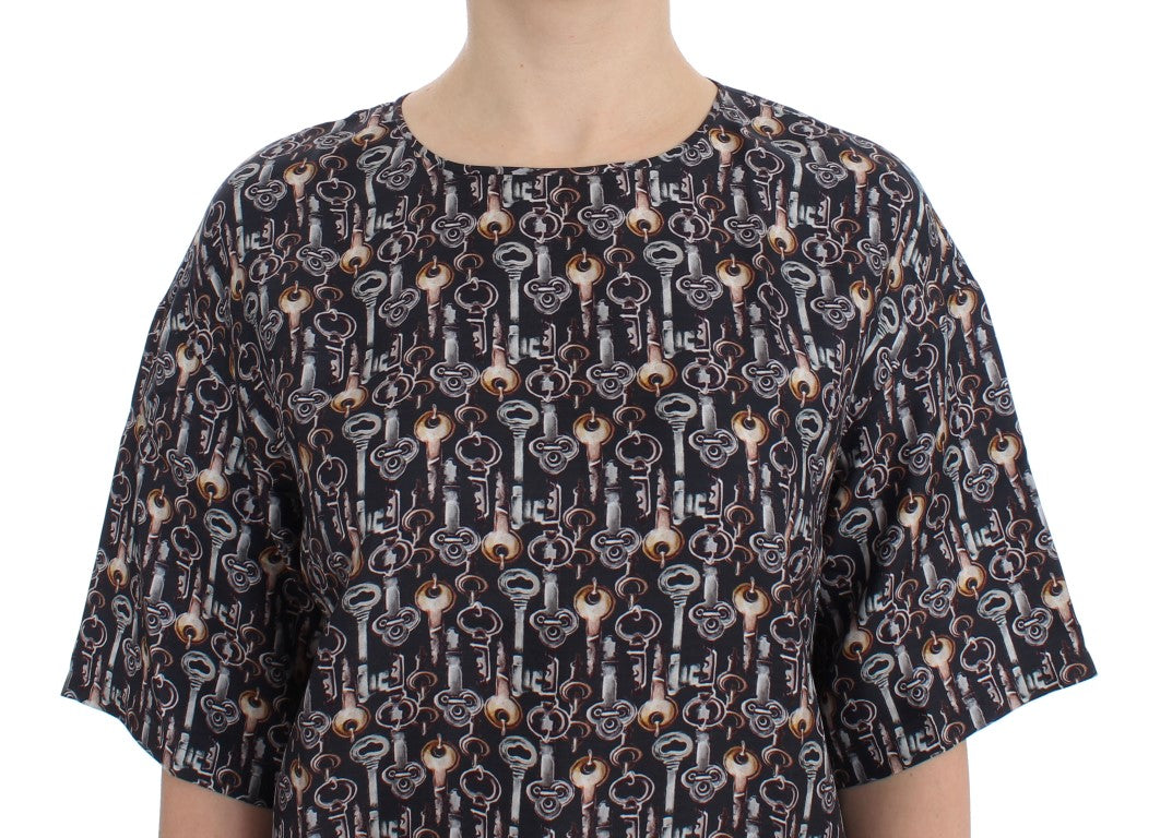 Grijs gouden sleutelprint zijden blouse T-shirt