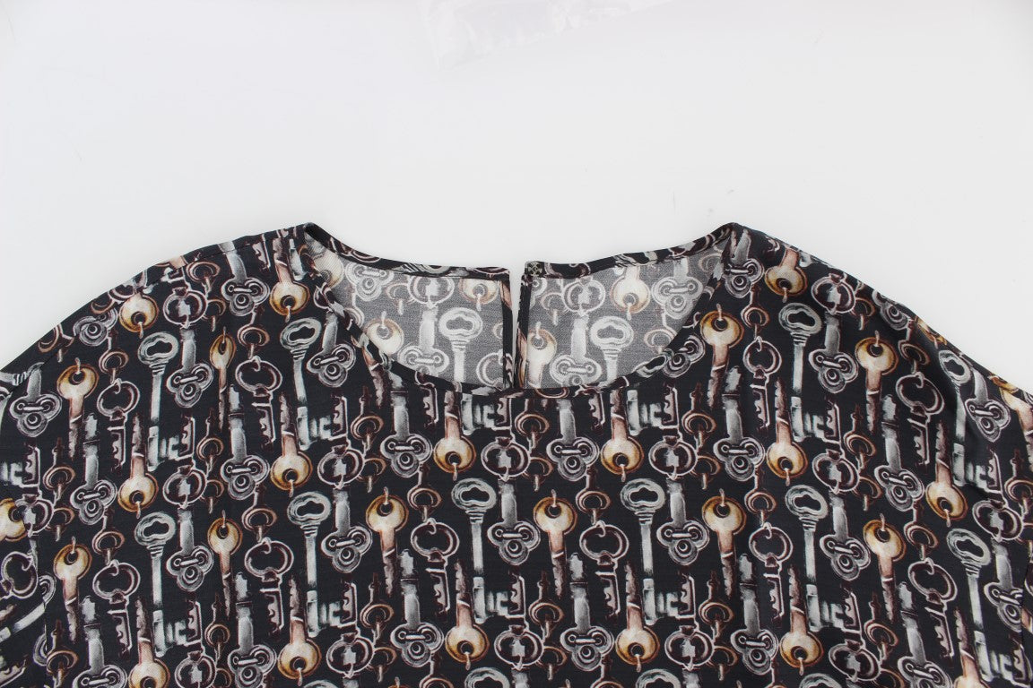 Grijs gouden sleutelprint zijden blouse T-shirt
