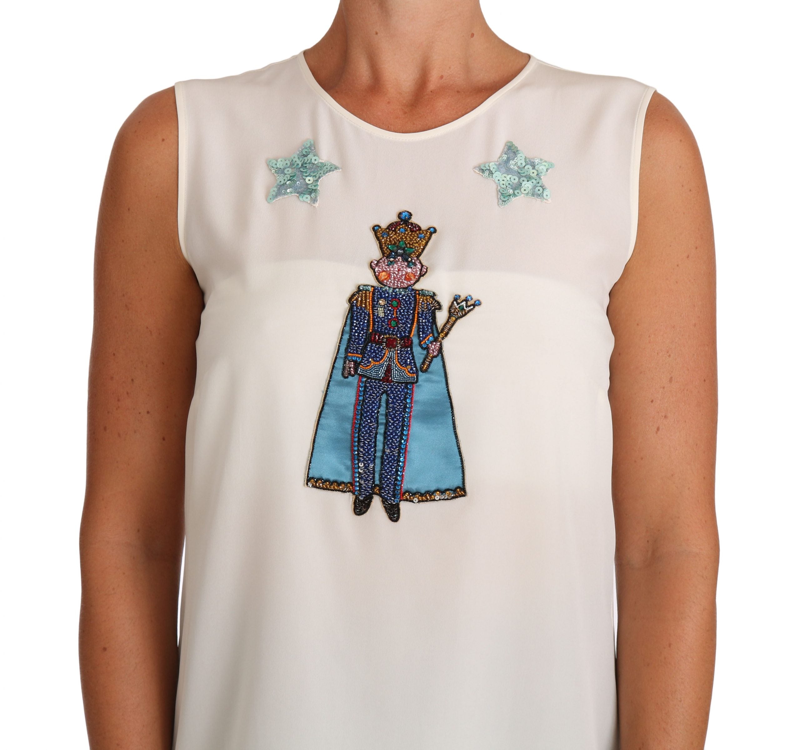 Wit zijden T-shirt met kristallen pailletten en feeënmotief