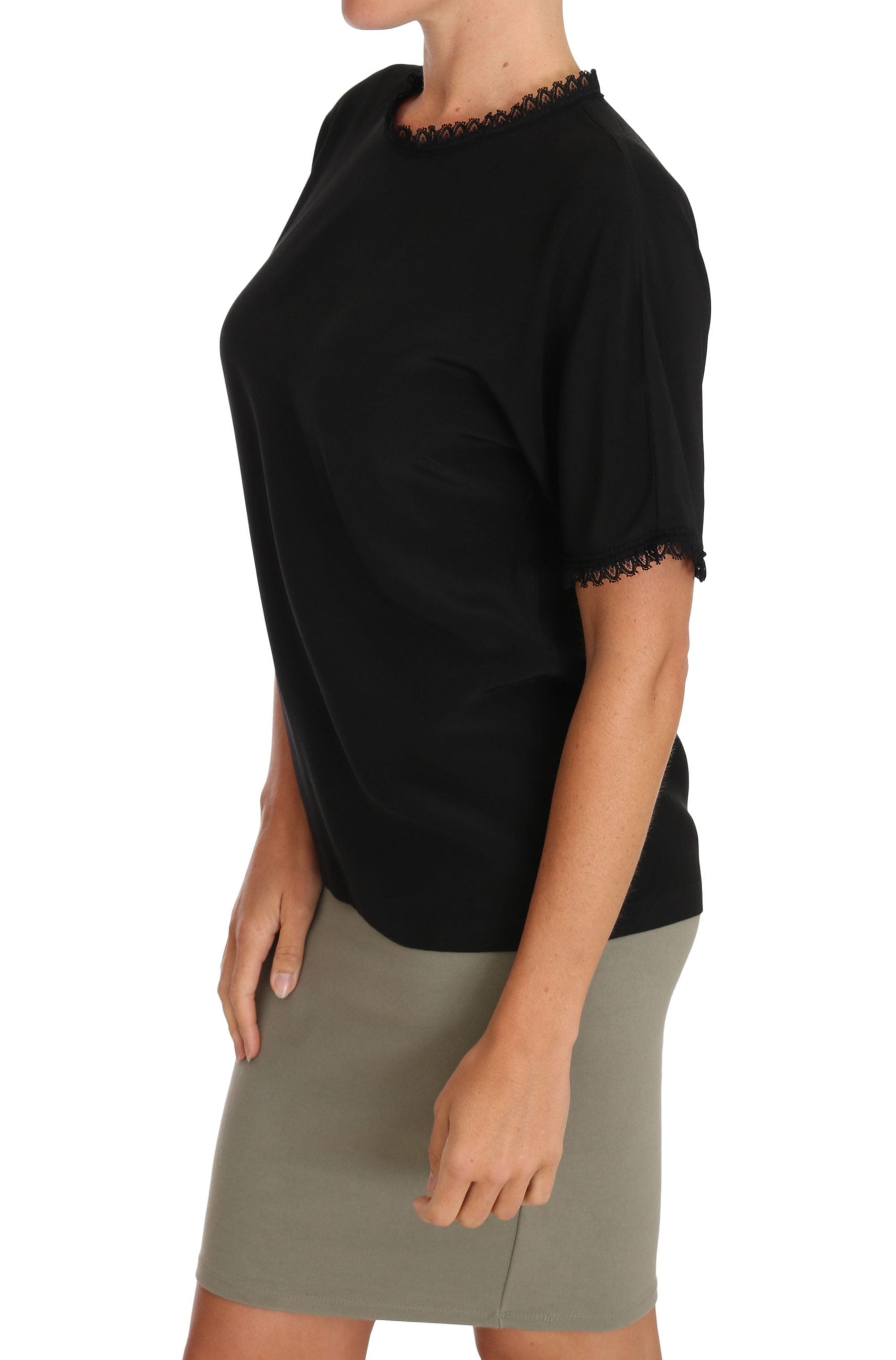 Zwarte zijden kanten top blouse T-shirt