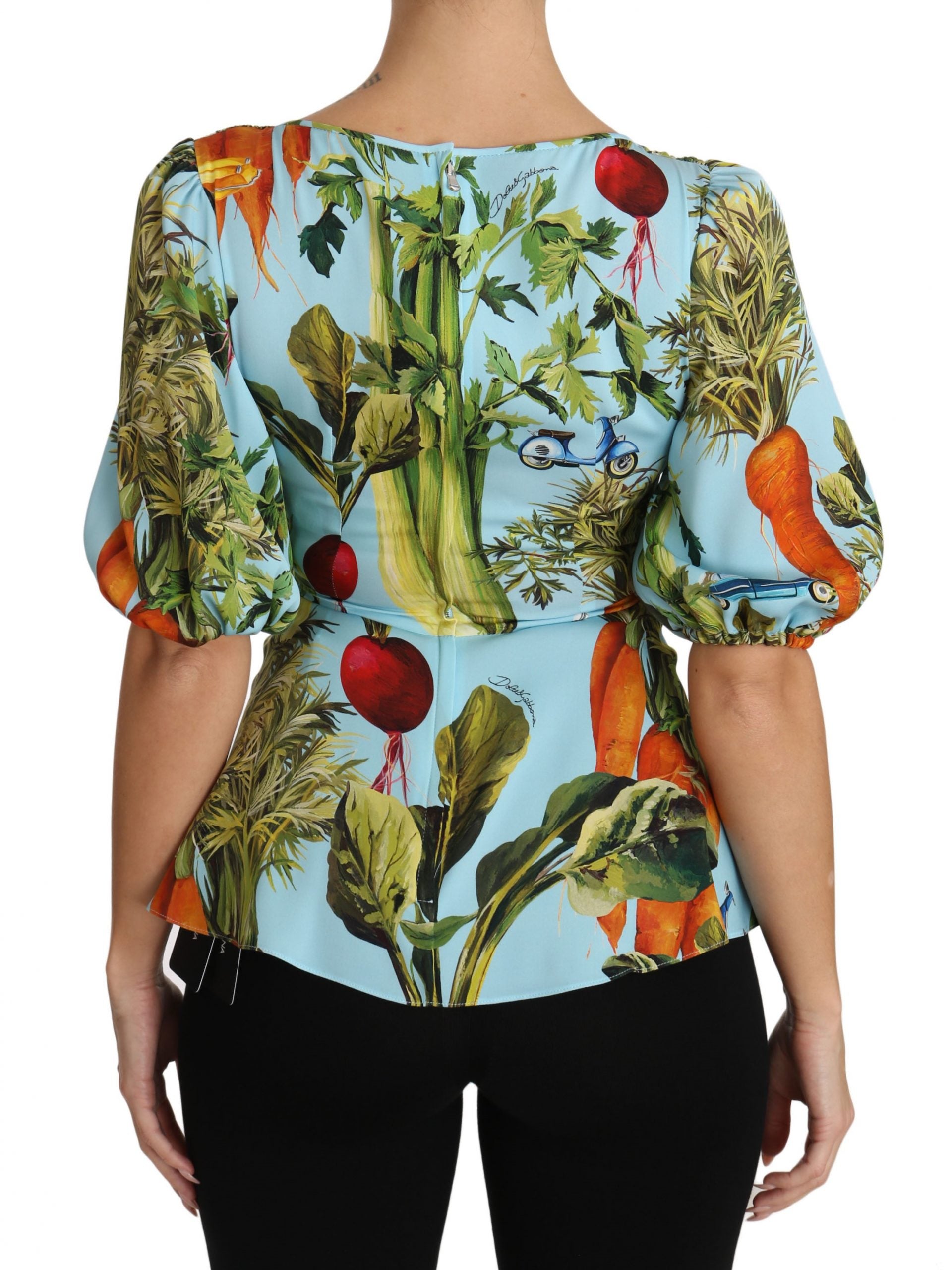 Multicolor zijden top met peplum wikkel en groenteprint