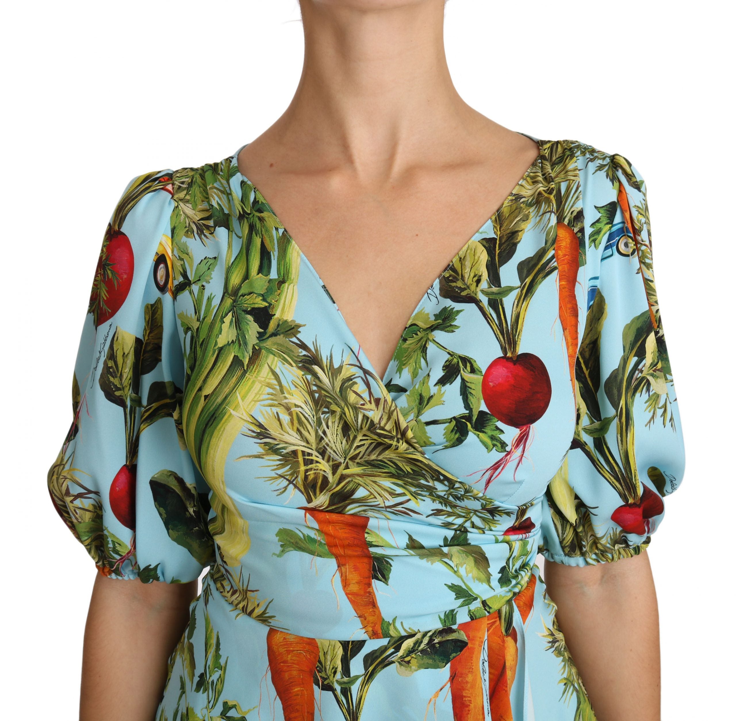 Multicolor zijden top met peplum wikkel en groenteprint