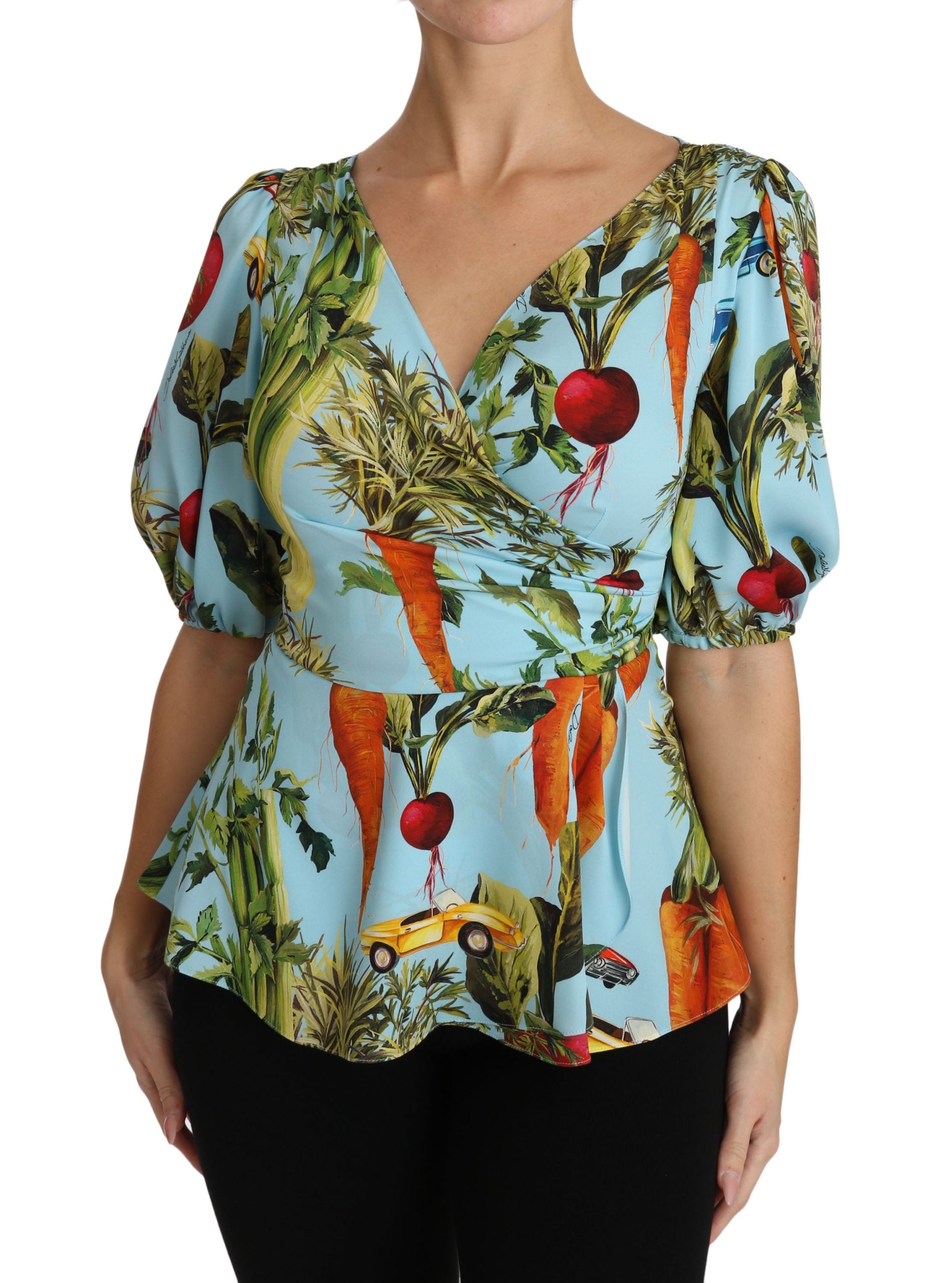 Multicolor zijden top met peplum wikkel en groenteprint