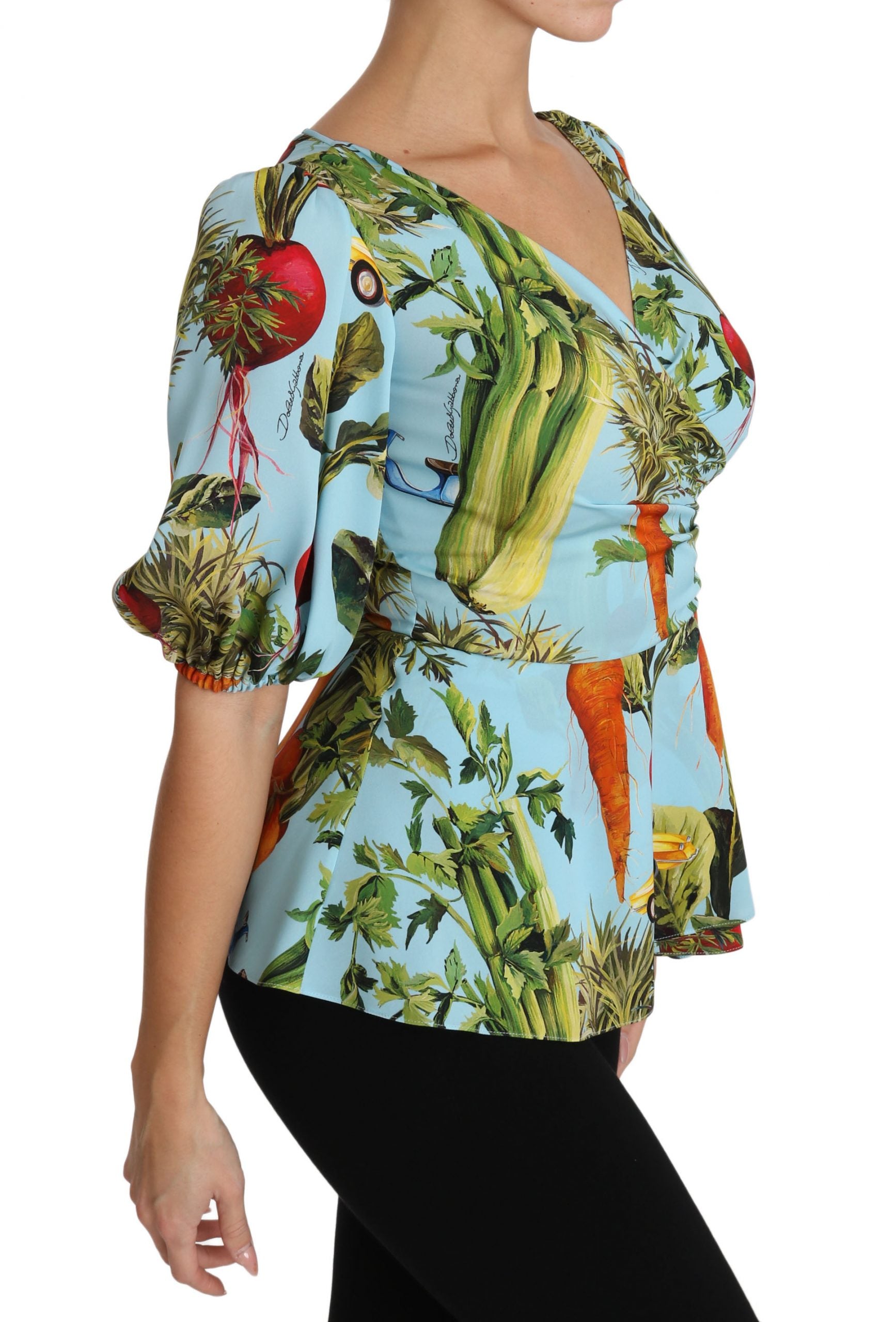 Multicolor zijden top met peplum wikkel en groenteprint