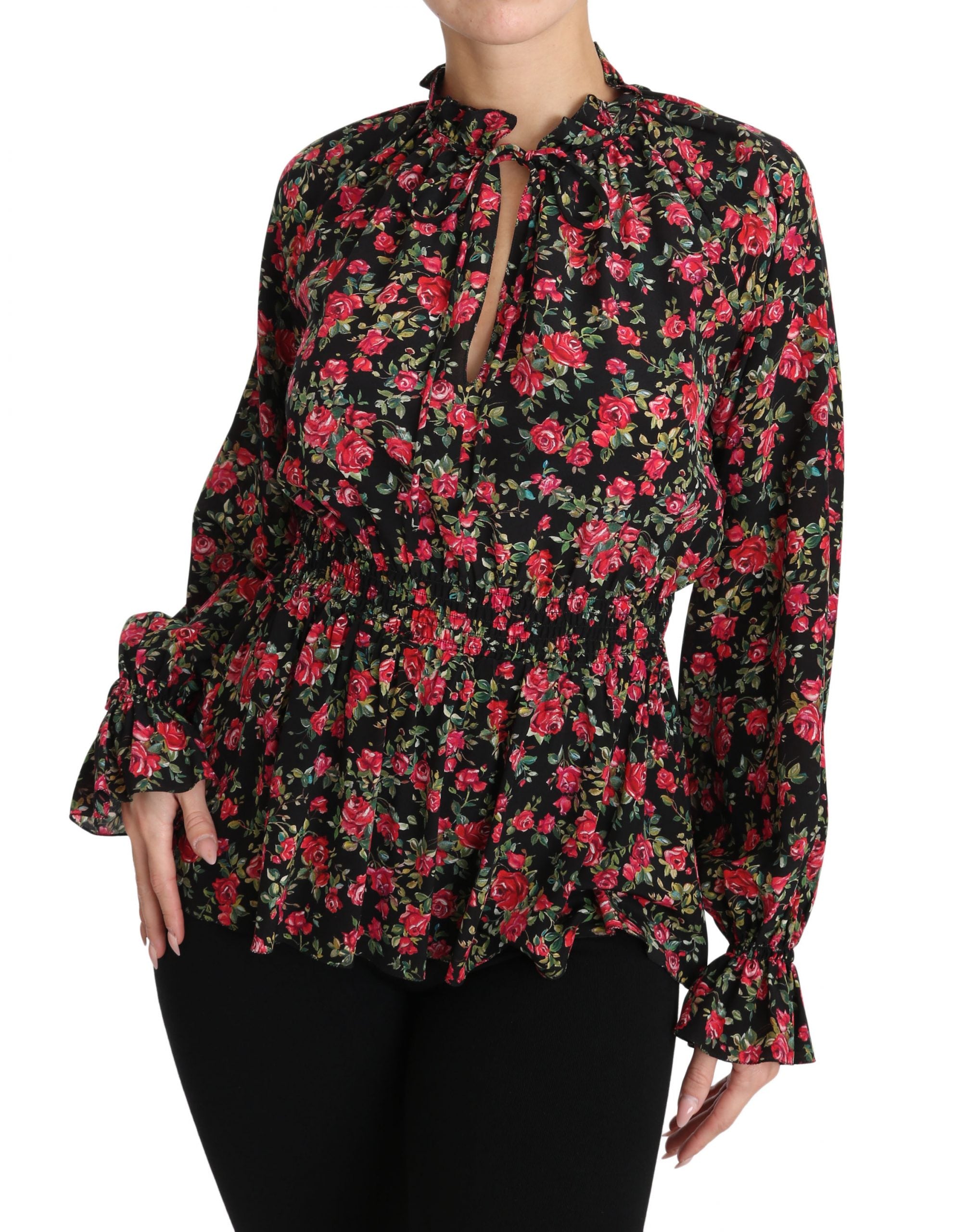 Zwarte blouse met rozenprint en bloemenprint