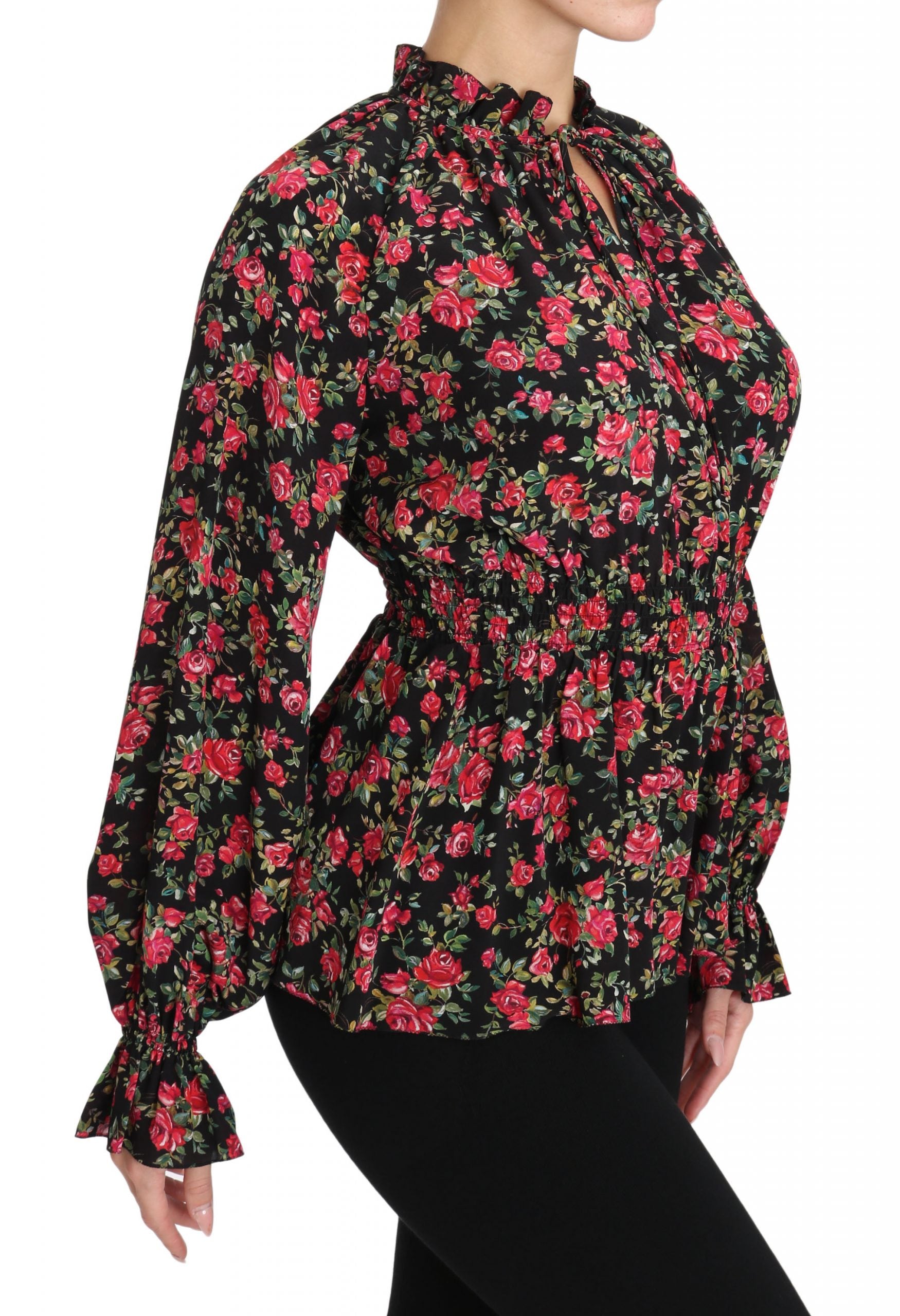 Zwarte blouse met rozenprint en bloemenprint