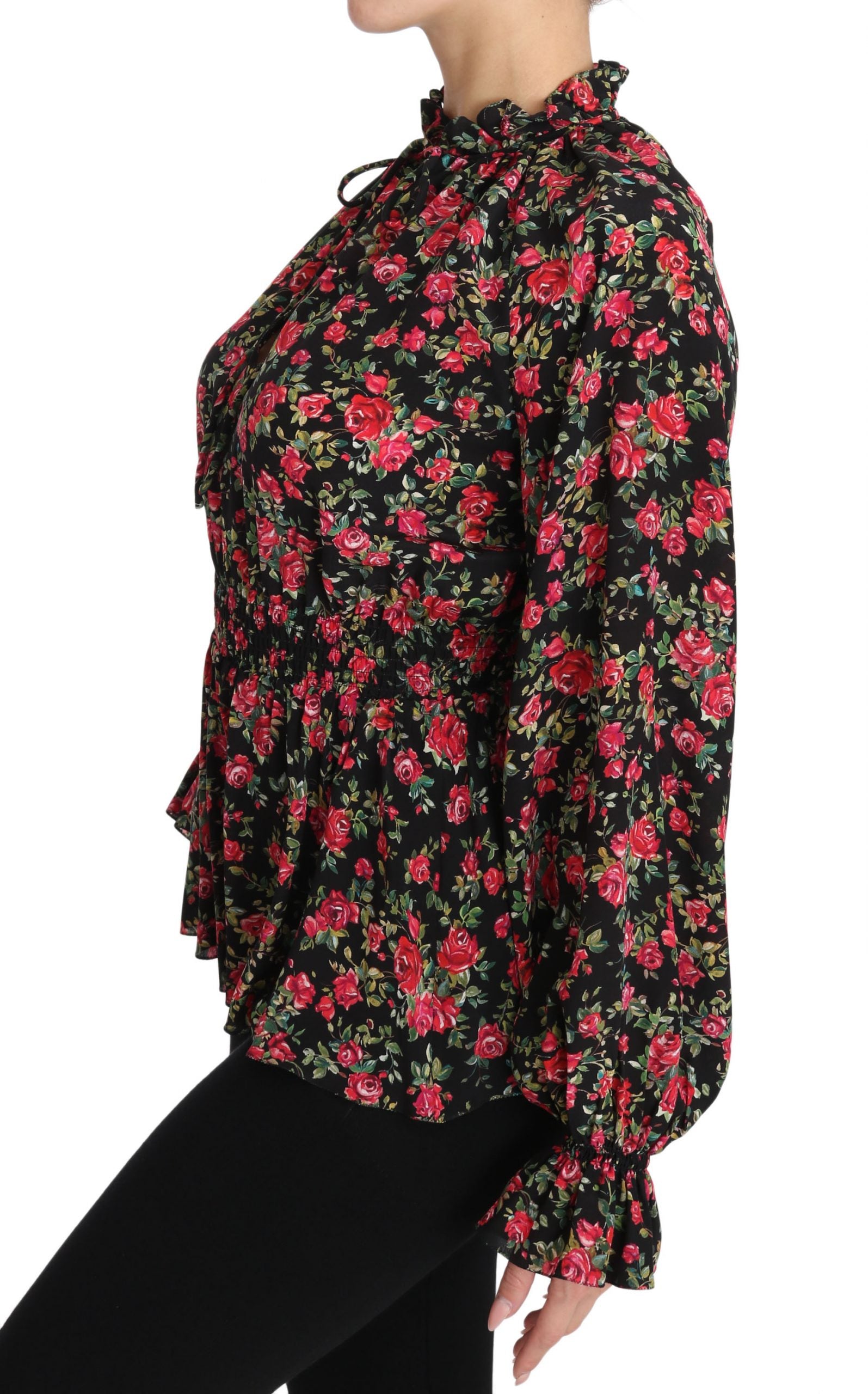 Zwarte blouse met rozenprint en bloemenprint