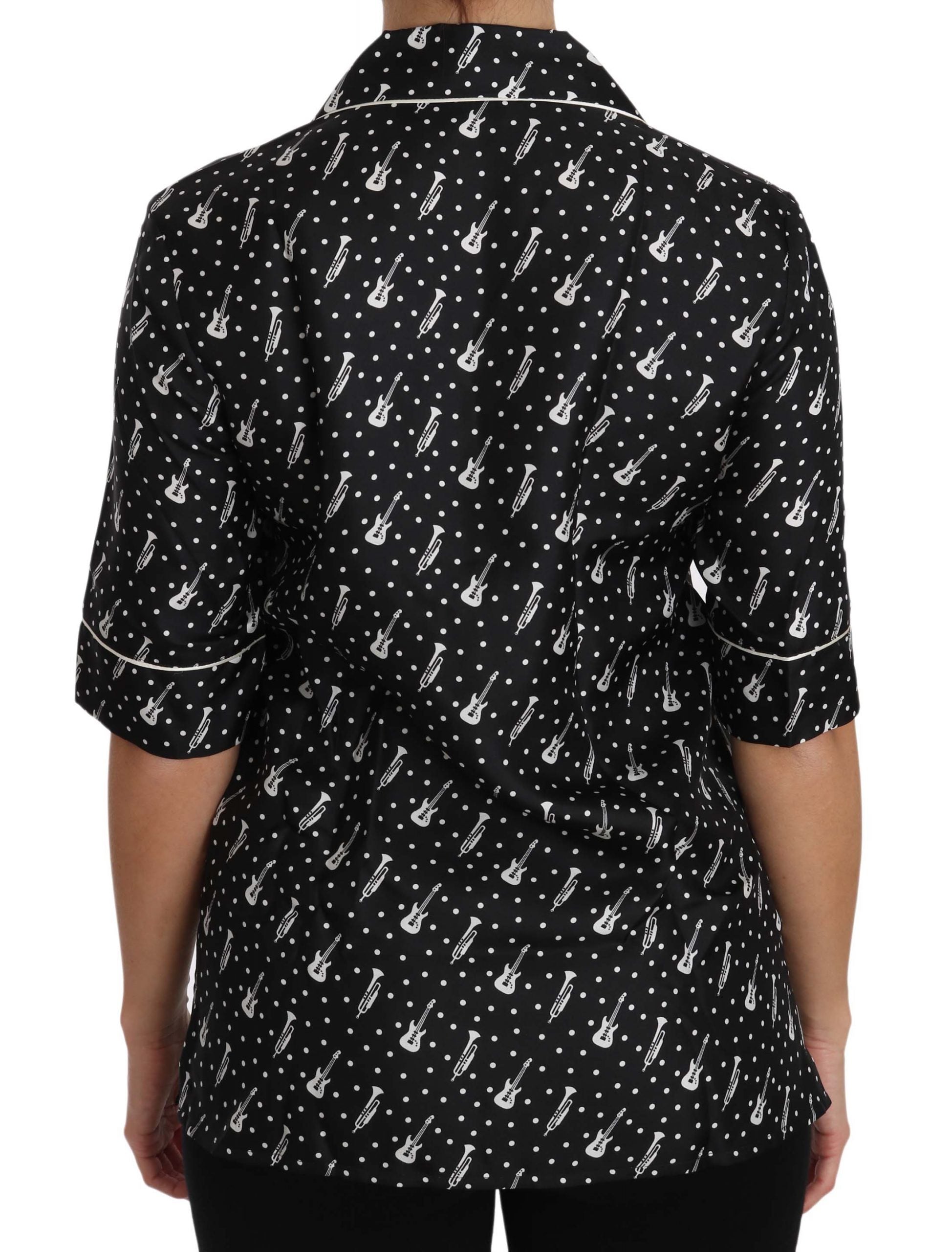 Zwarte gitaartrompet print zijden shirt top
