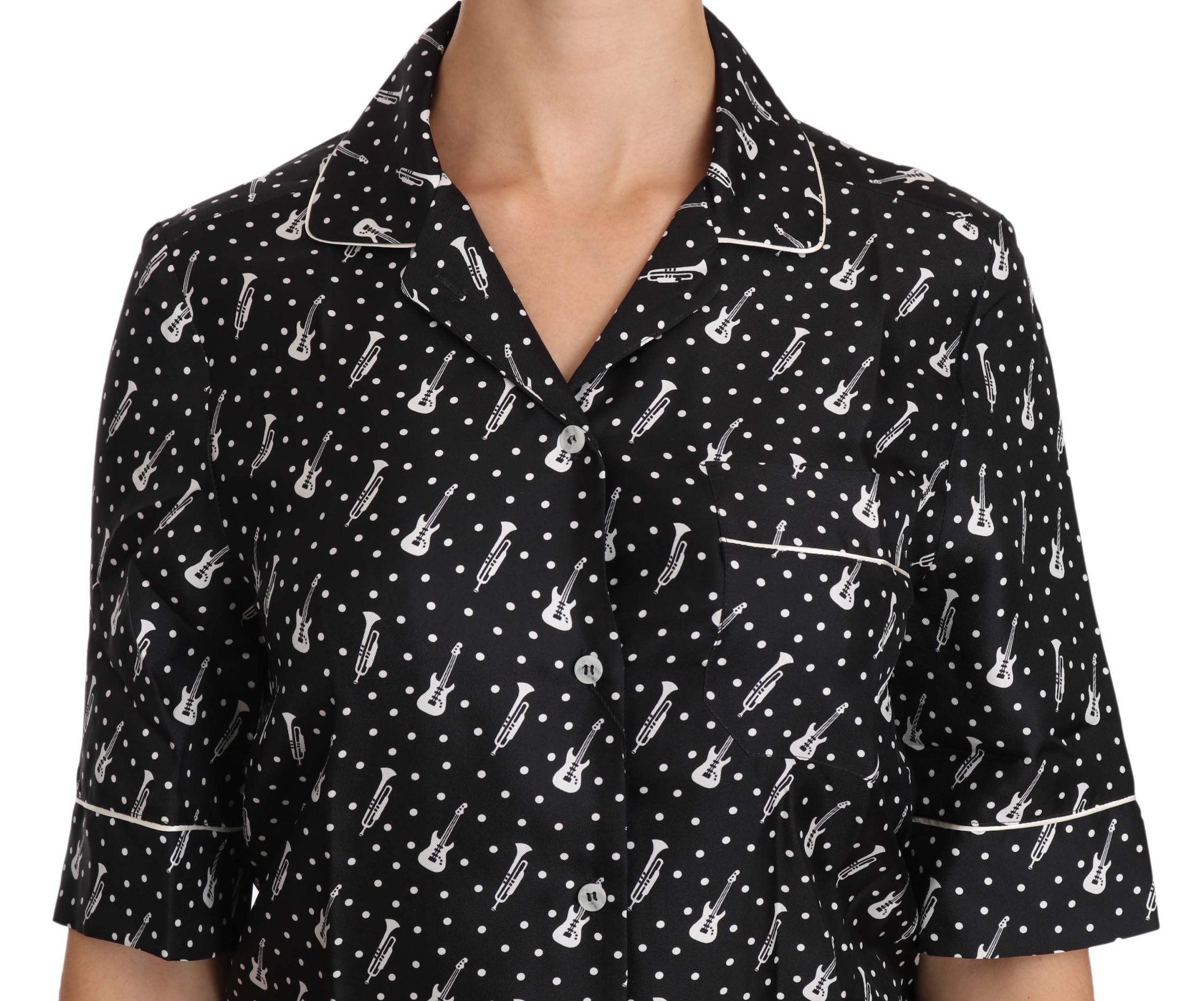 Zwarte gitaartrompet print zijden shirt top