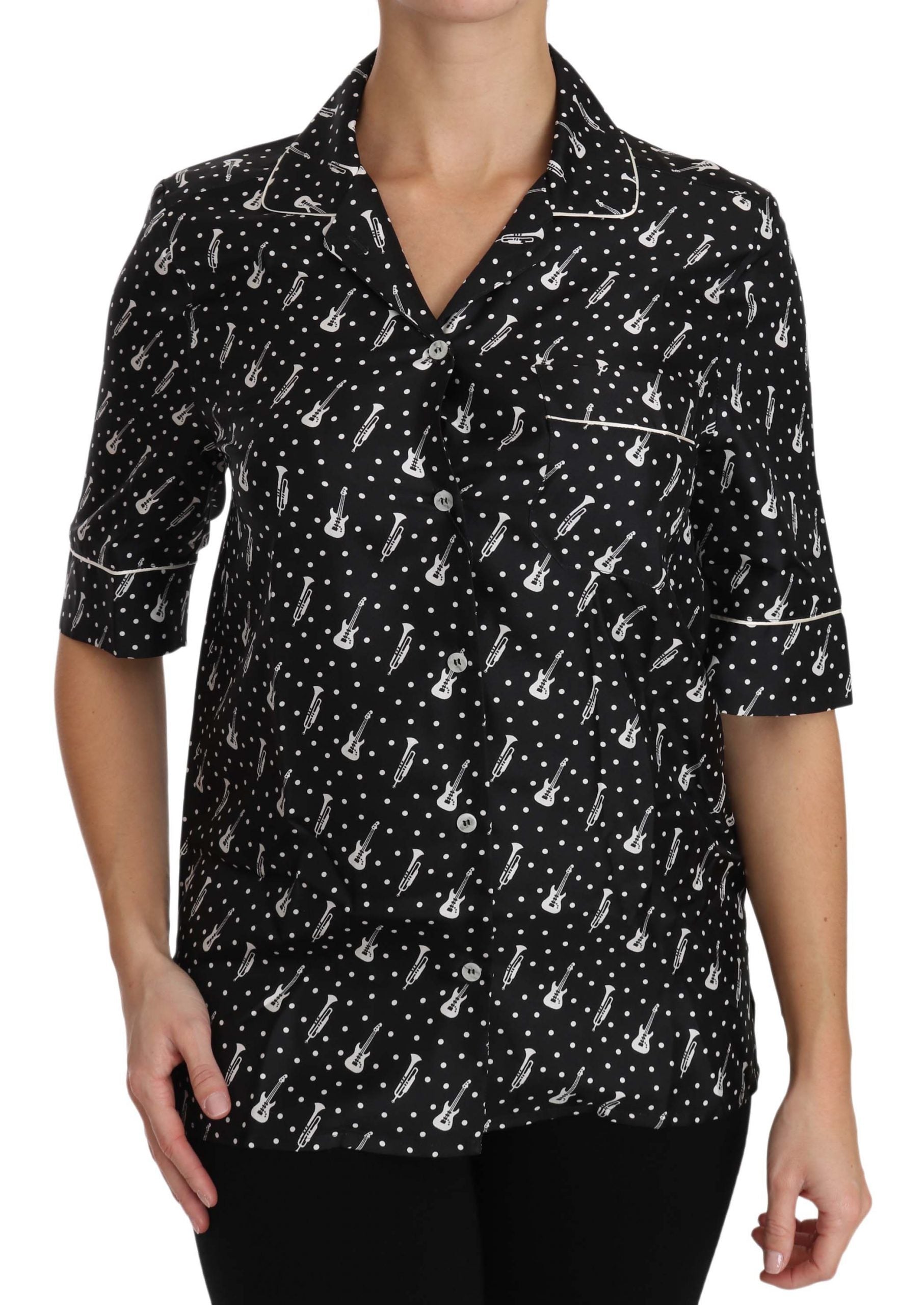 Zwarte gitaartrompet print zijden shirt top