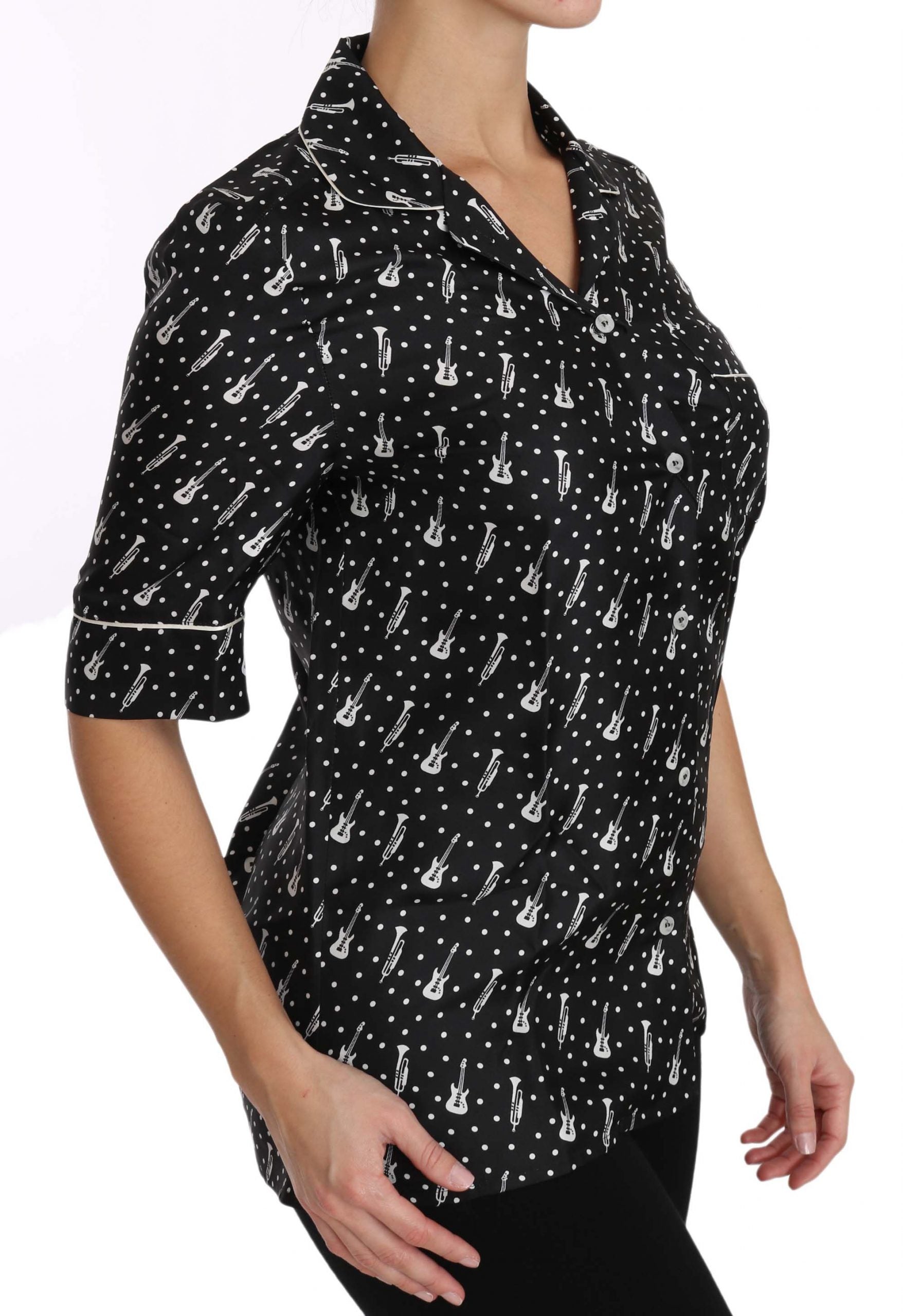 Zwarte gitaartrompet print zijden shirt top