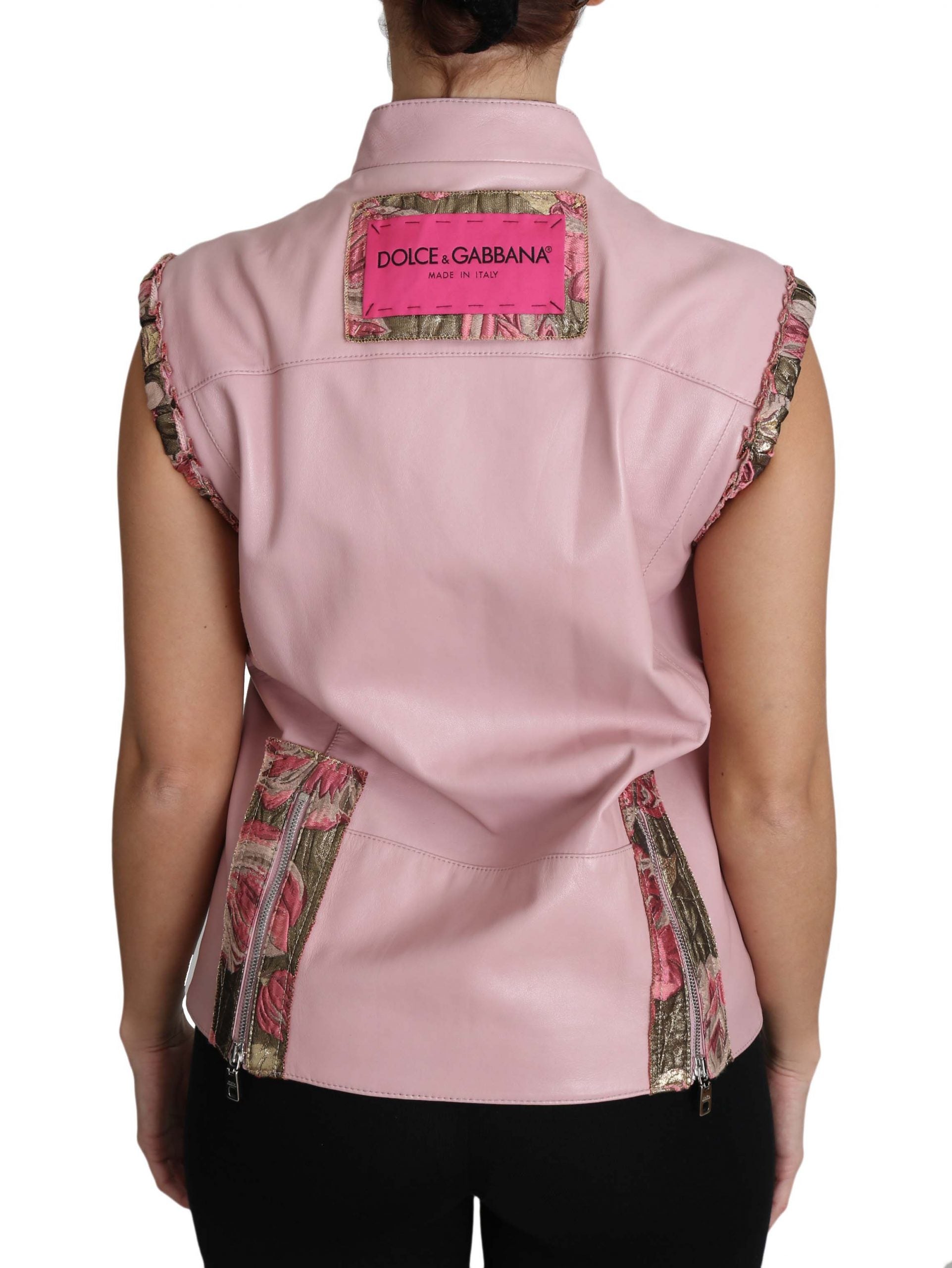 Roze leren vest met rits en mouwloos lamsleer