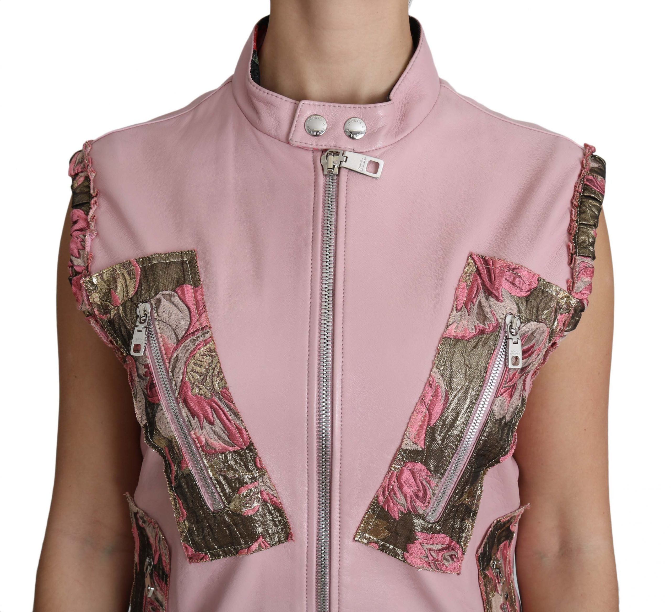 Roze leren vest met rits en mouwloos lamsleer