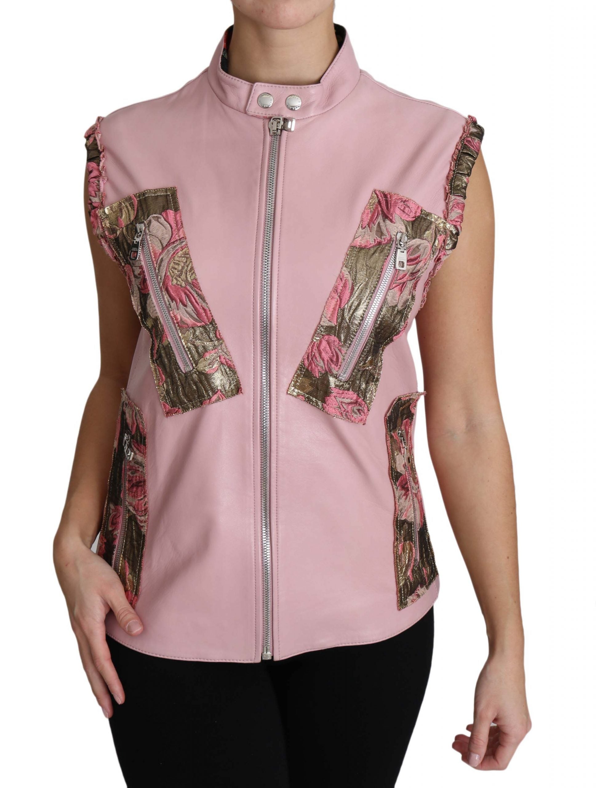 Roze leren vest met rits en mouwloos lamsleer