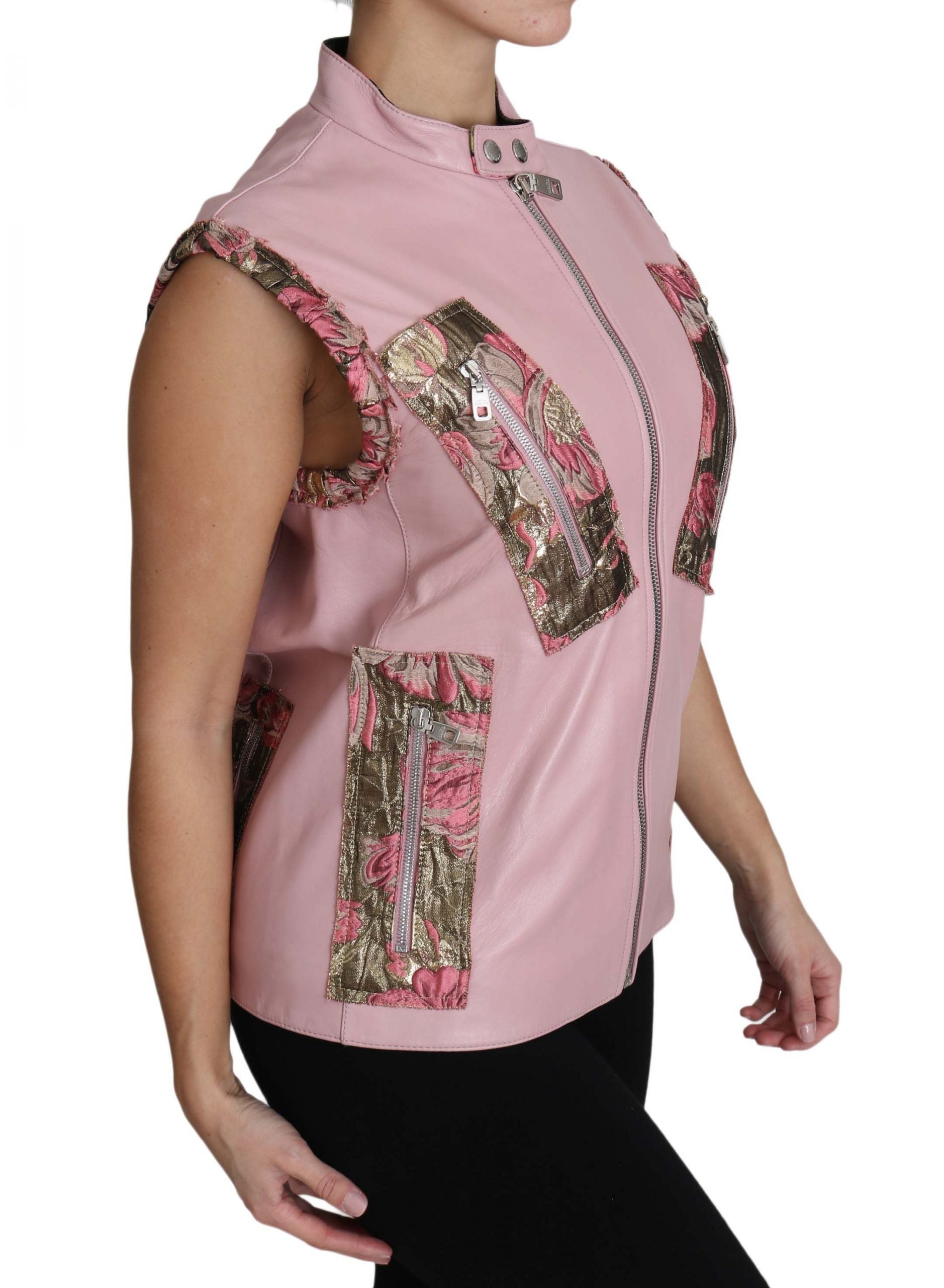 Roze leren vest met rits en mouwloos lamsleer