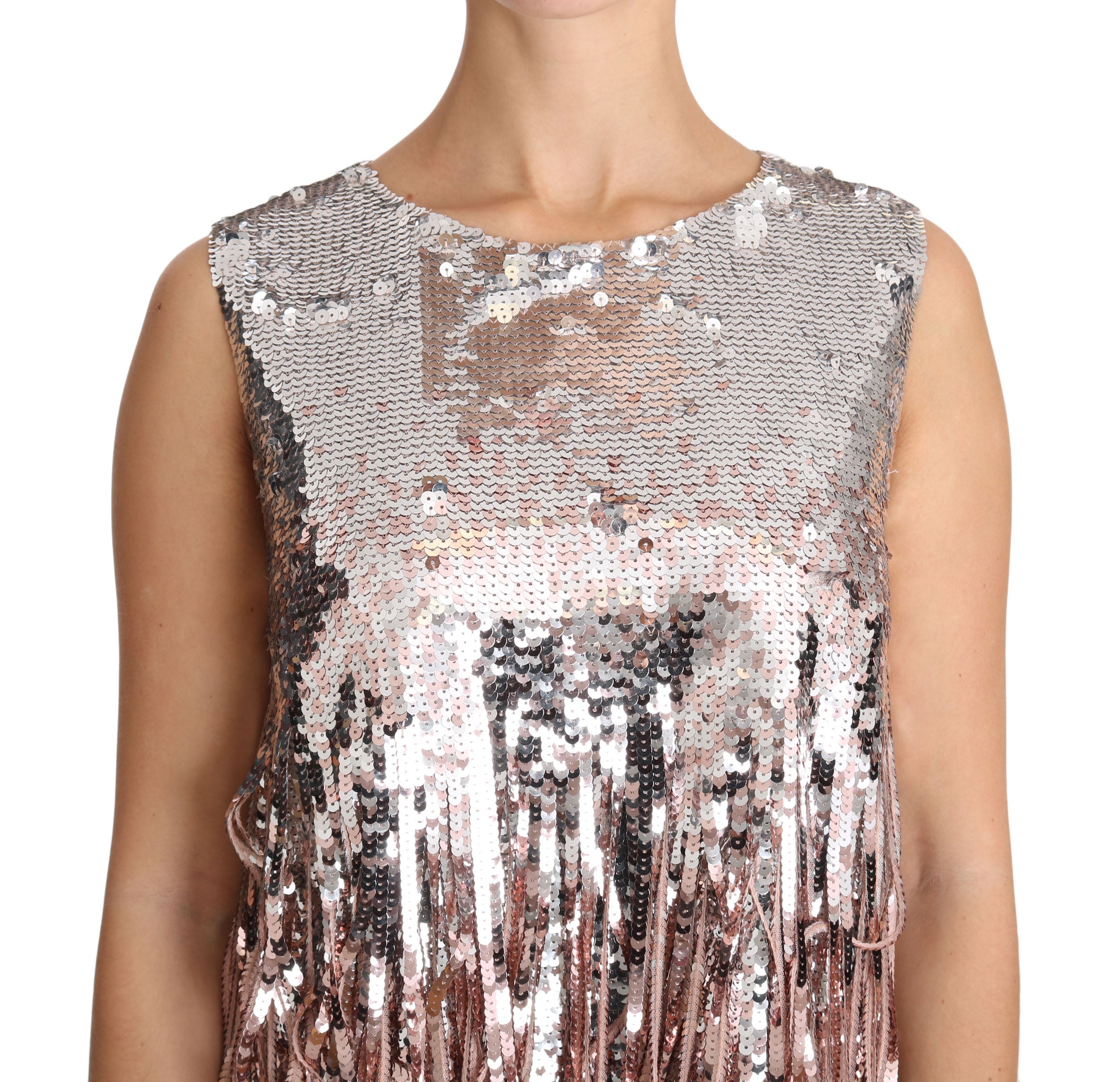 Goudroze tanktop met pailletten en franjes