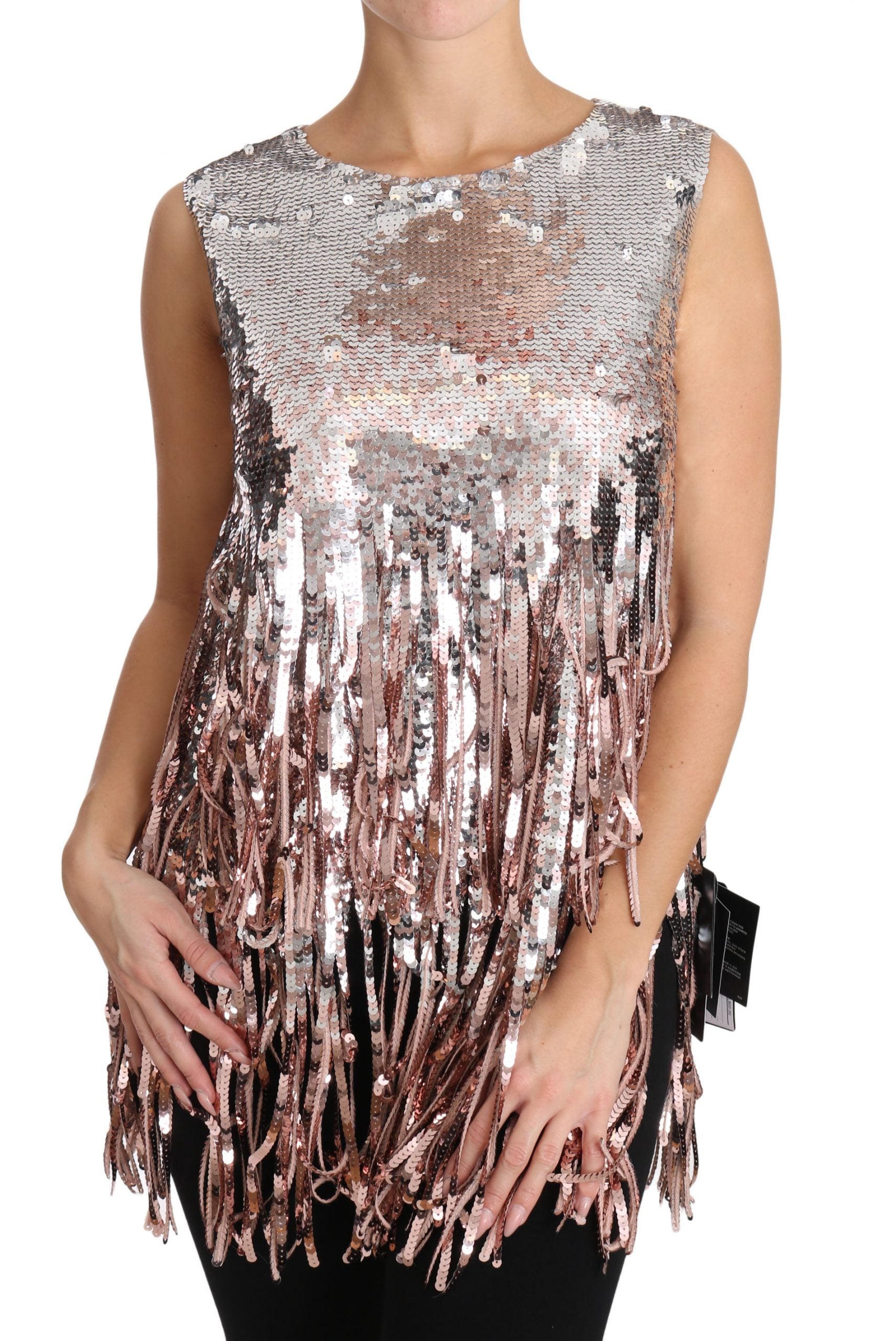 Goudroze tanktop met pailletten en franjes