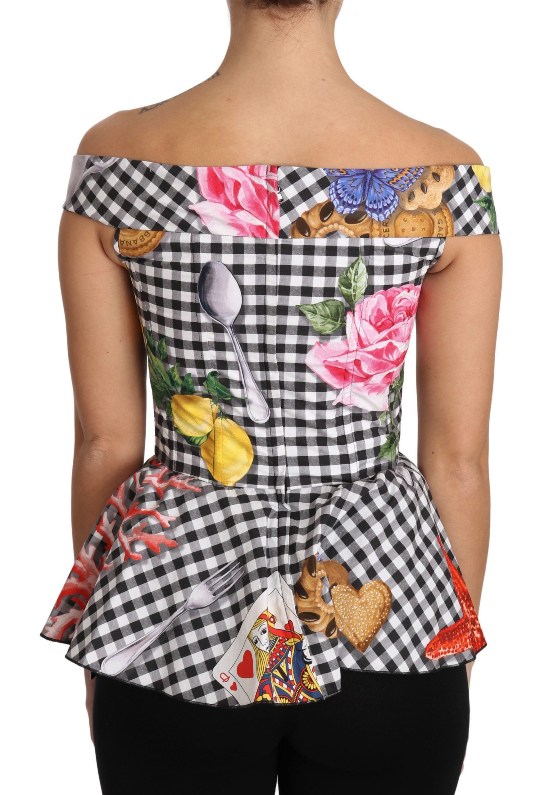 Zwart-witte korsetblouse met Siciliaanse citroenruitjes