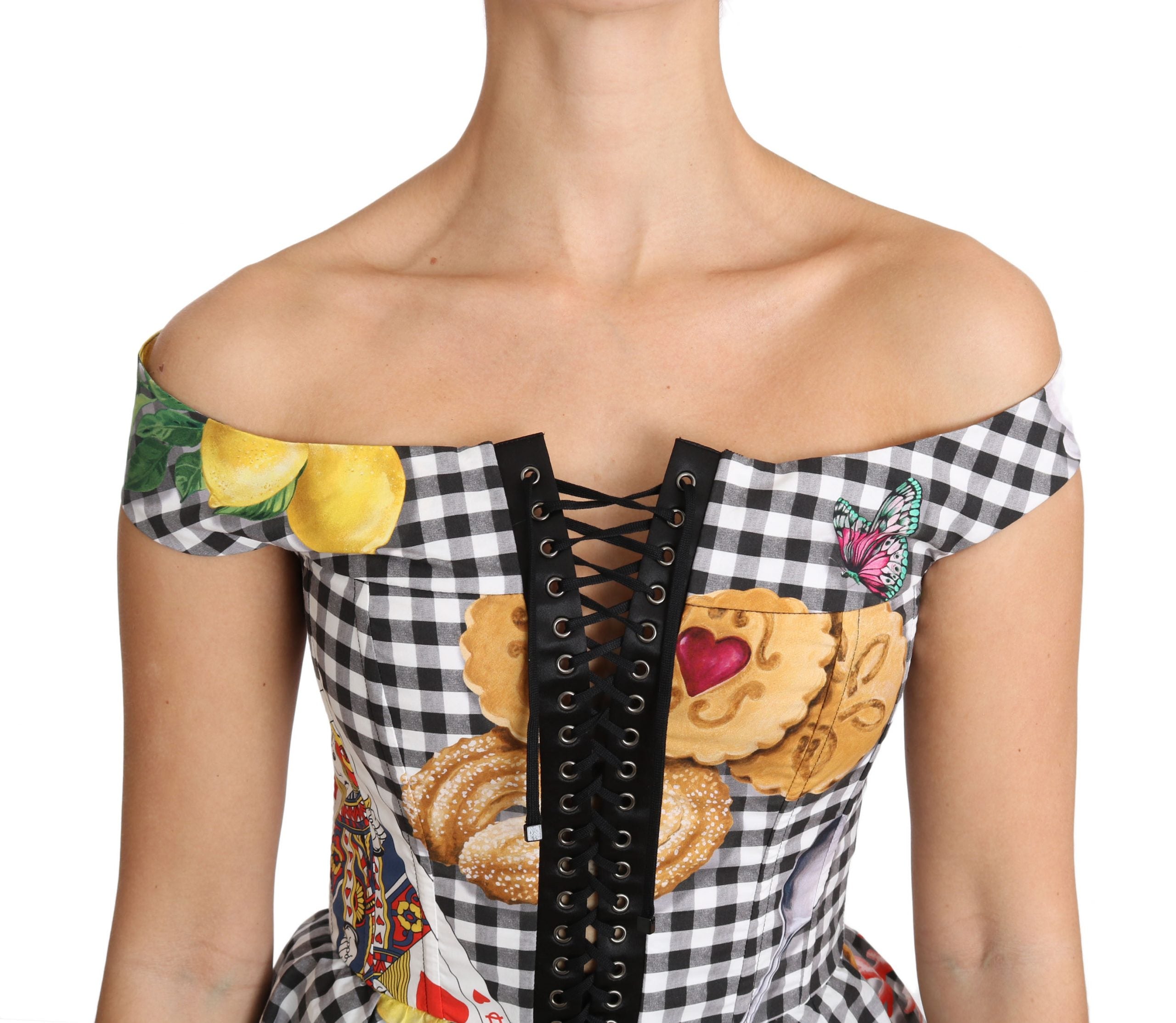 Zwart-witte korsetblouse met Siciliaanse citroenruitjes