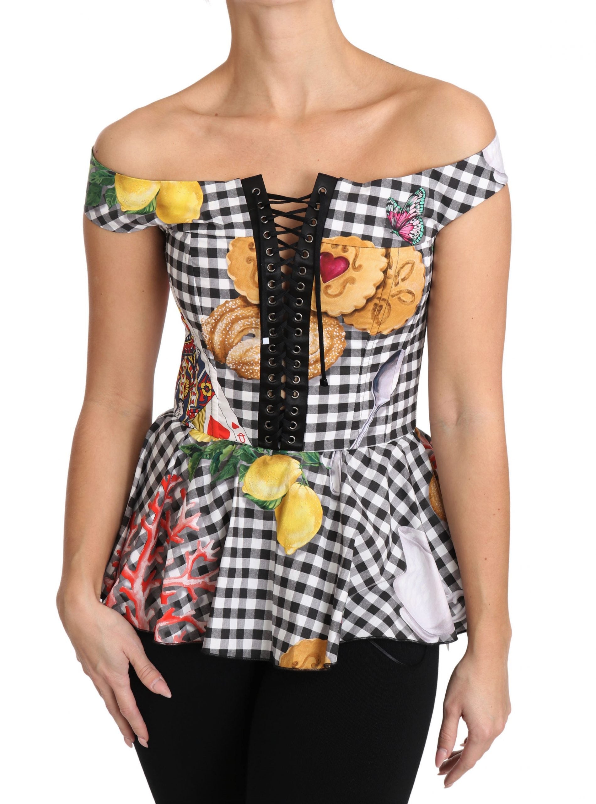 Zwart-witte korsetblouse met Siciliaanse citroenruitjes