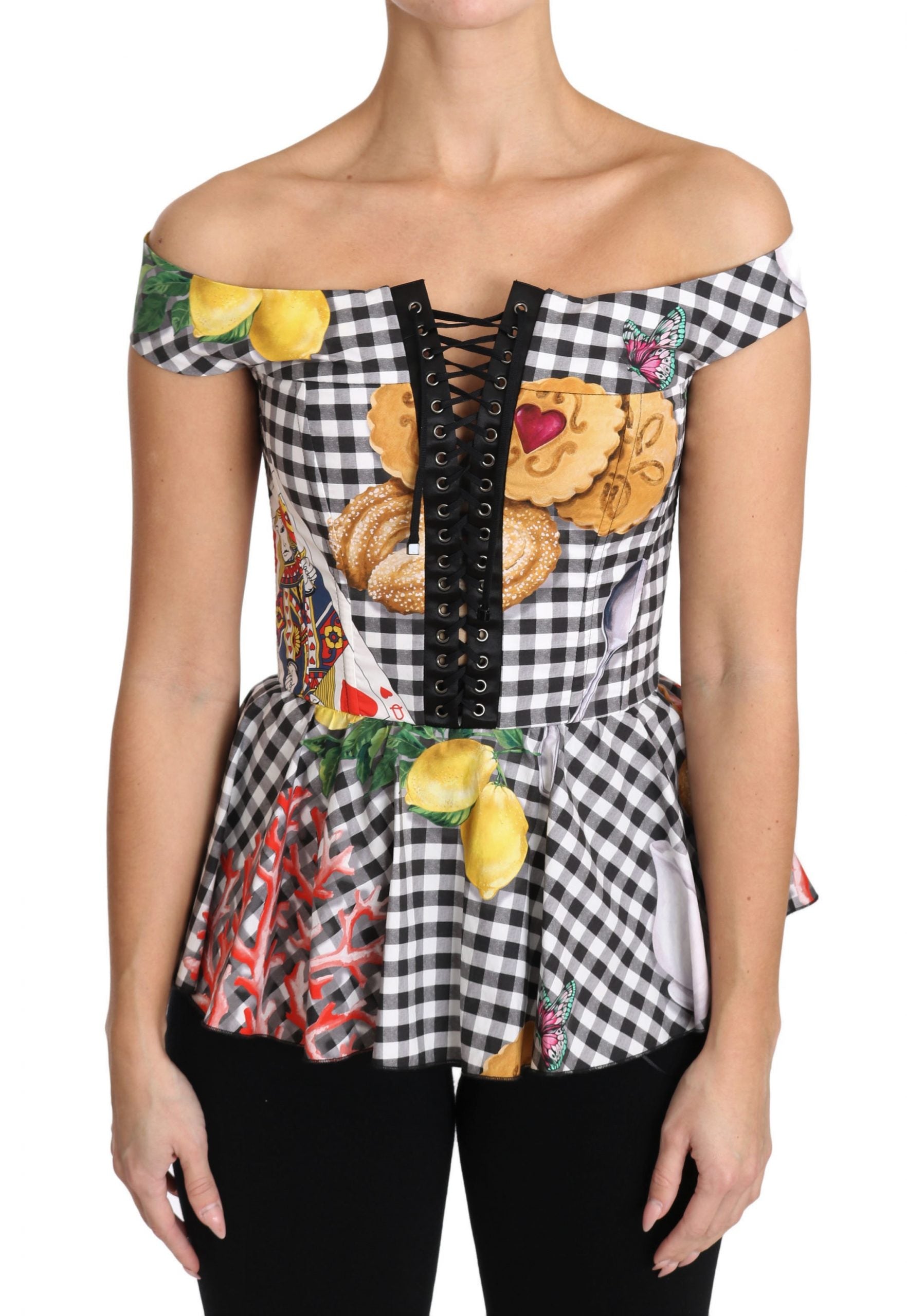 Zwart-witte korsetblouse met Siciliaanse citroenruitjes