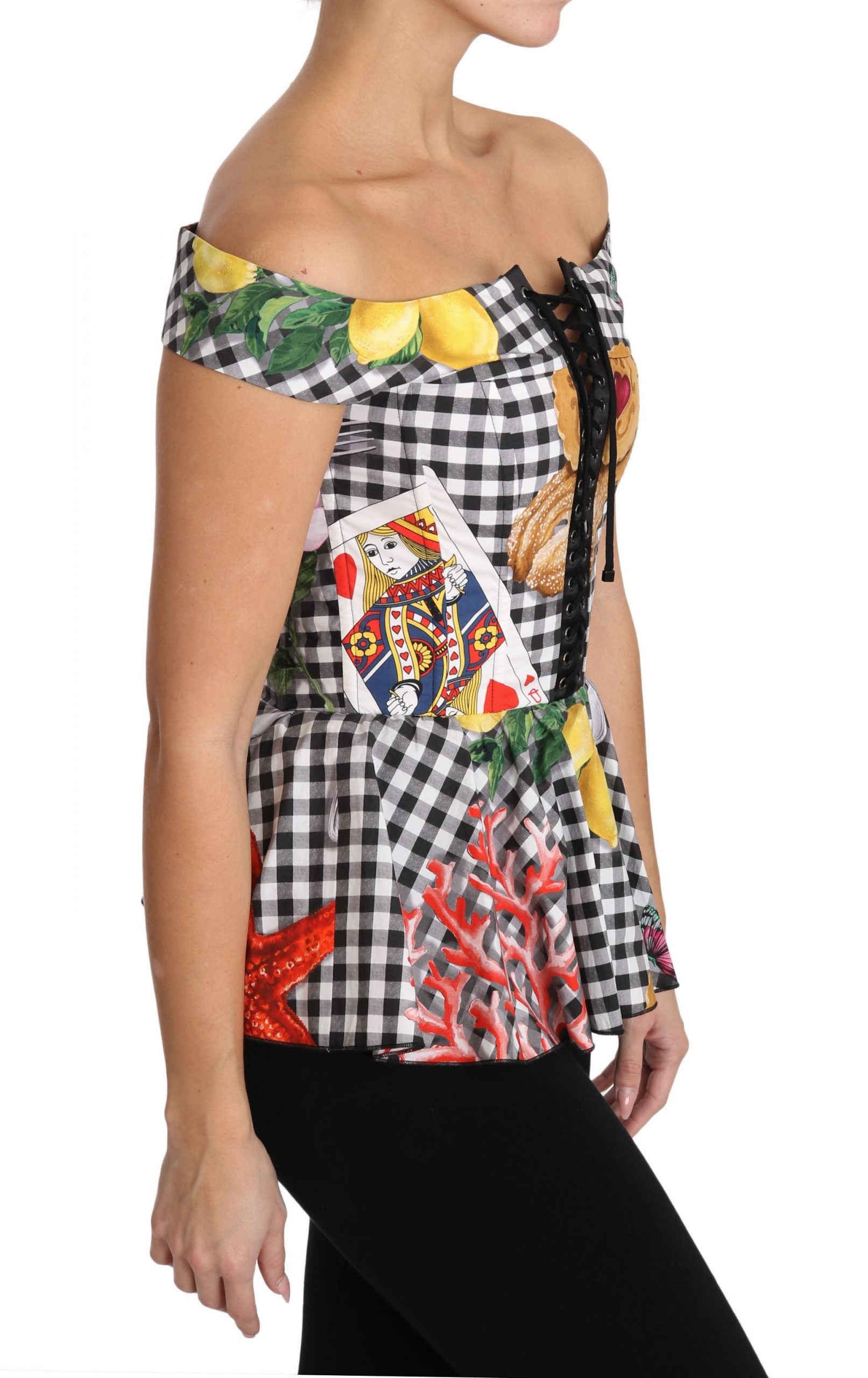 Zwart-witte korsetblouse met Siciliaanse citroenruitjes