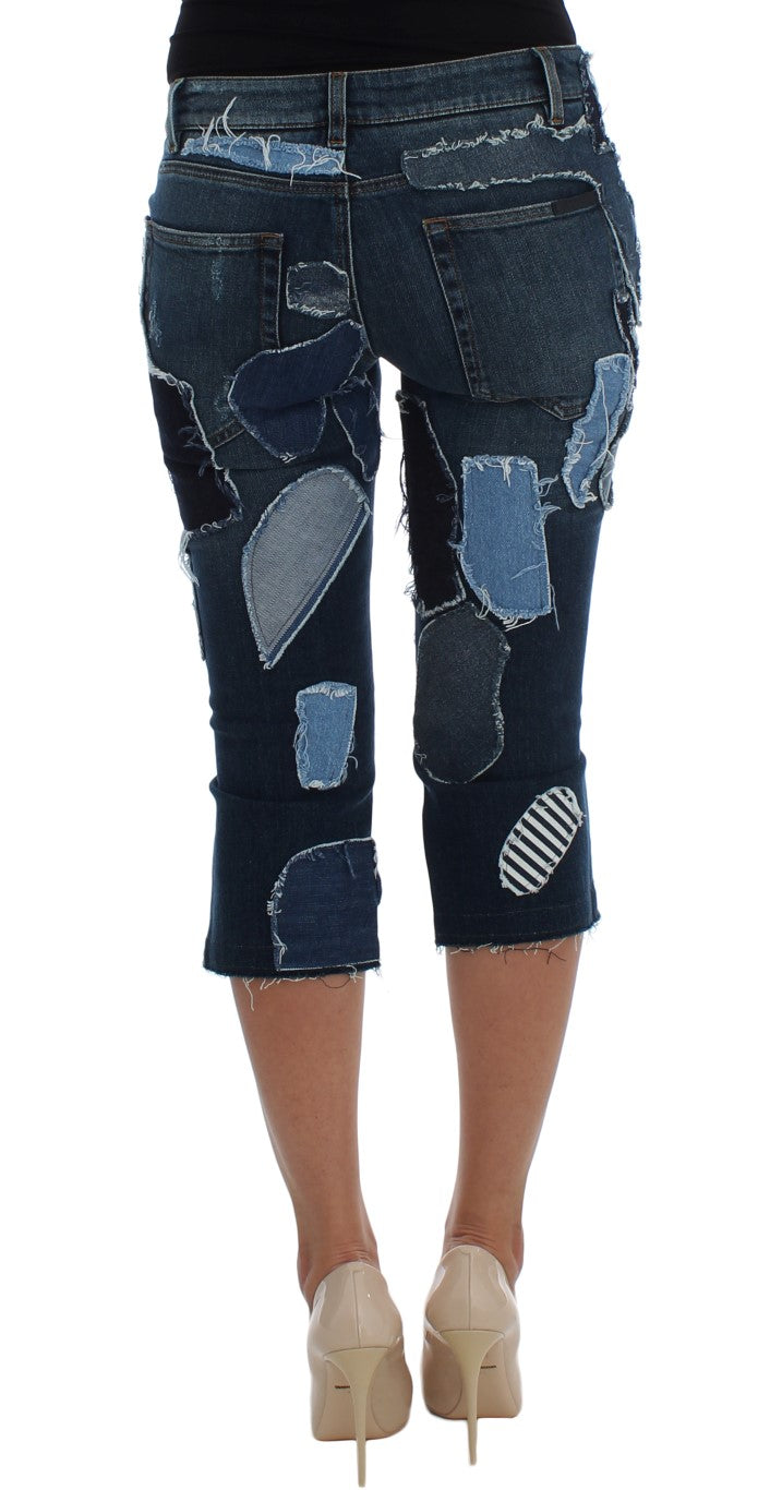 Stretchblauwe patchwork jeansshorts