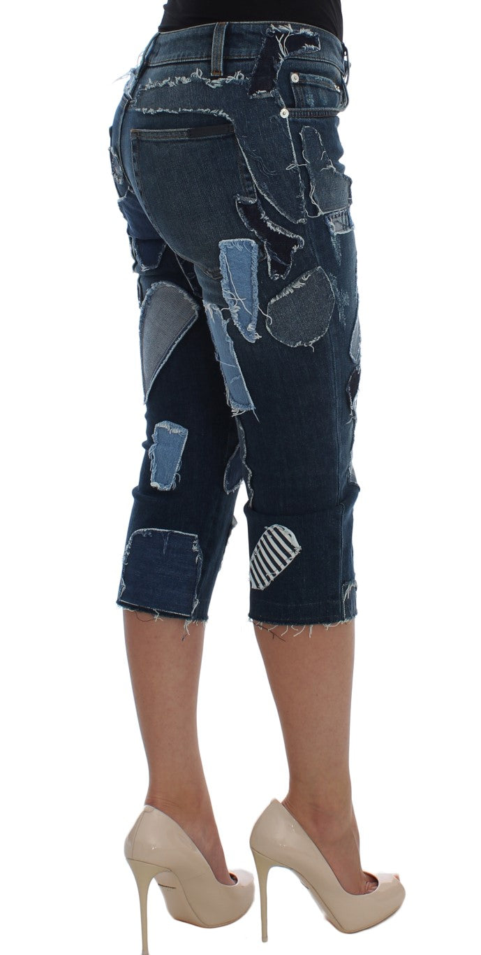 Stretchblauwe patchwork jeansshorts