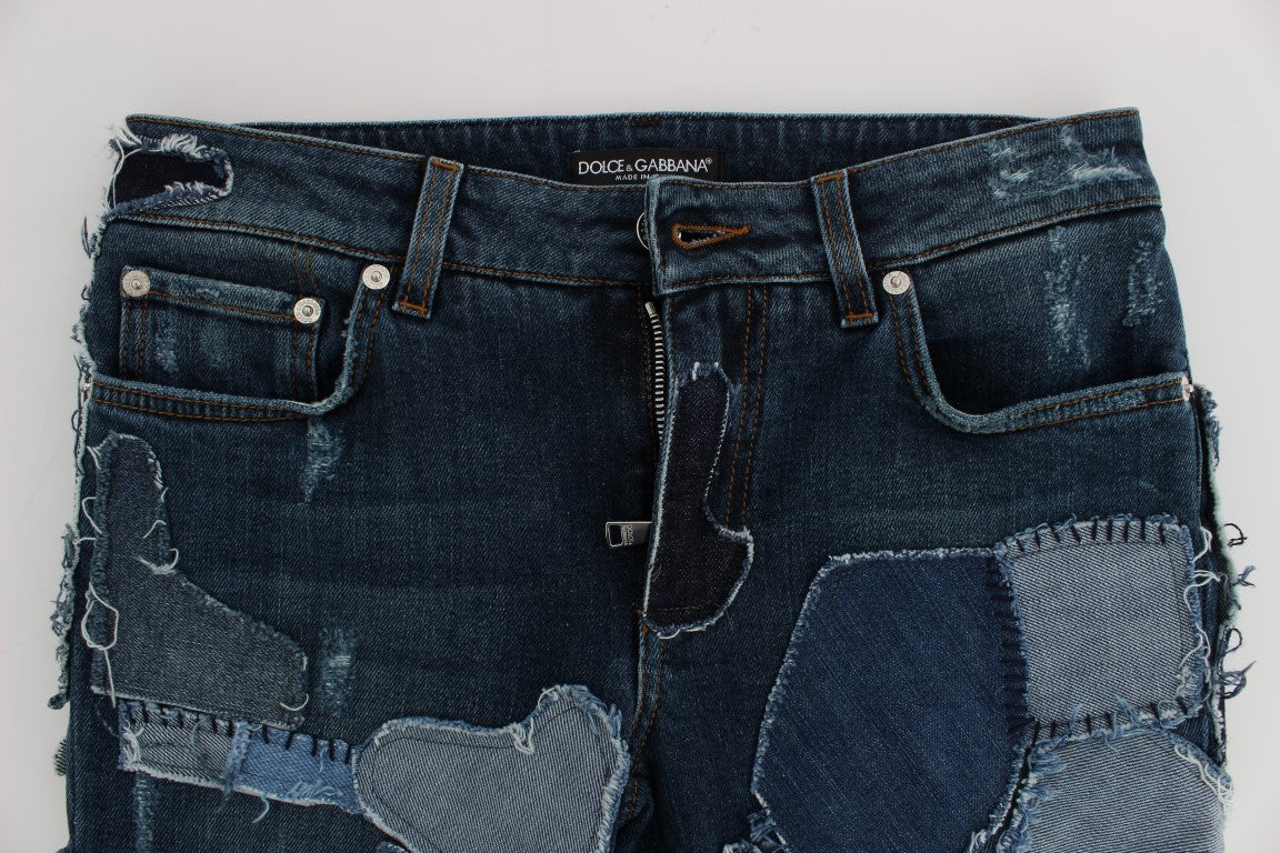 Stretchblauwe patchwork jeansshorts