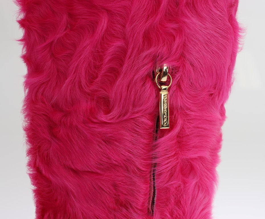 Roze lamsbont leren platte laarzen