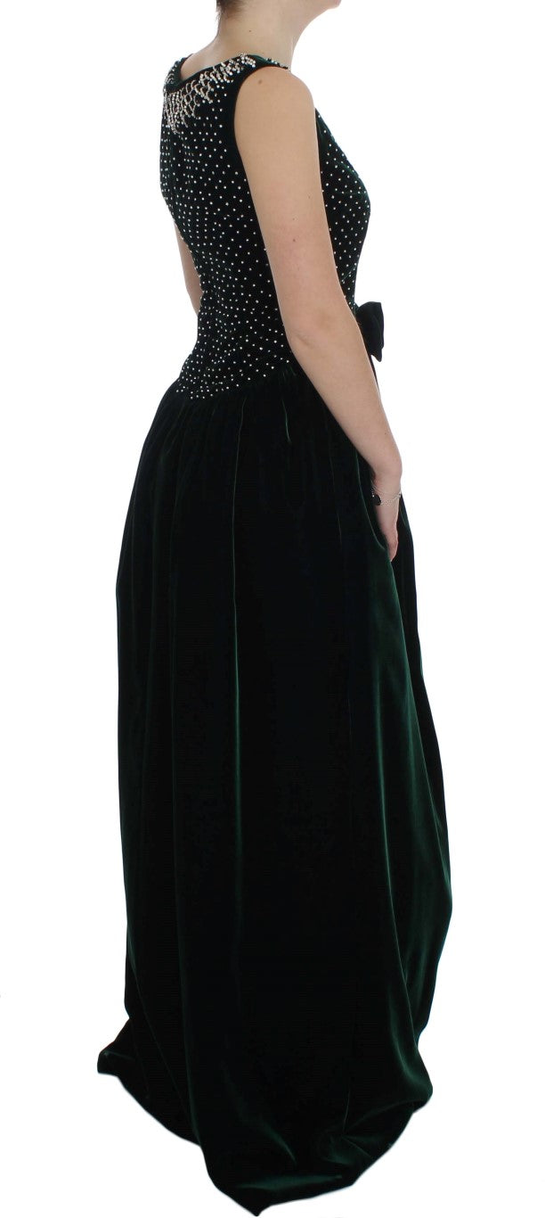 Groene fluwelen kristallen lange maxi-jurk